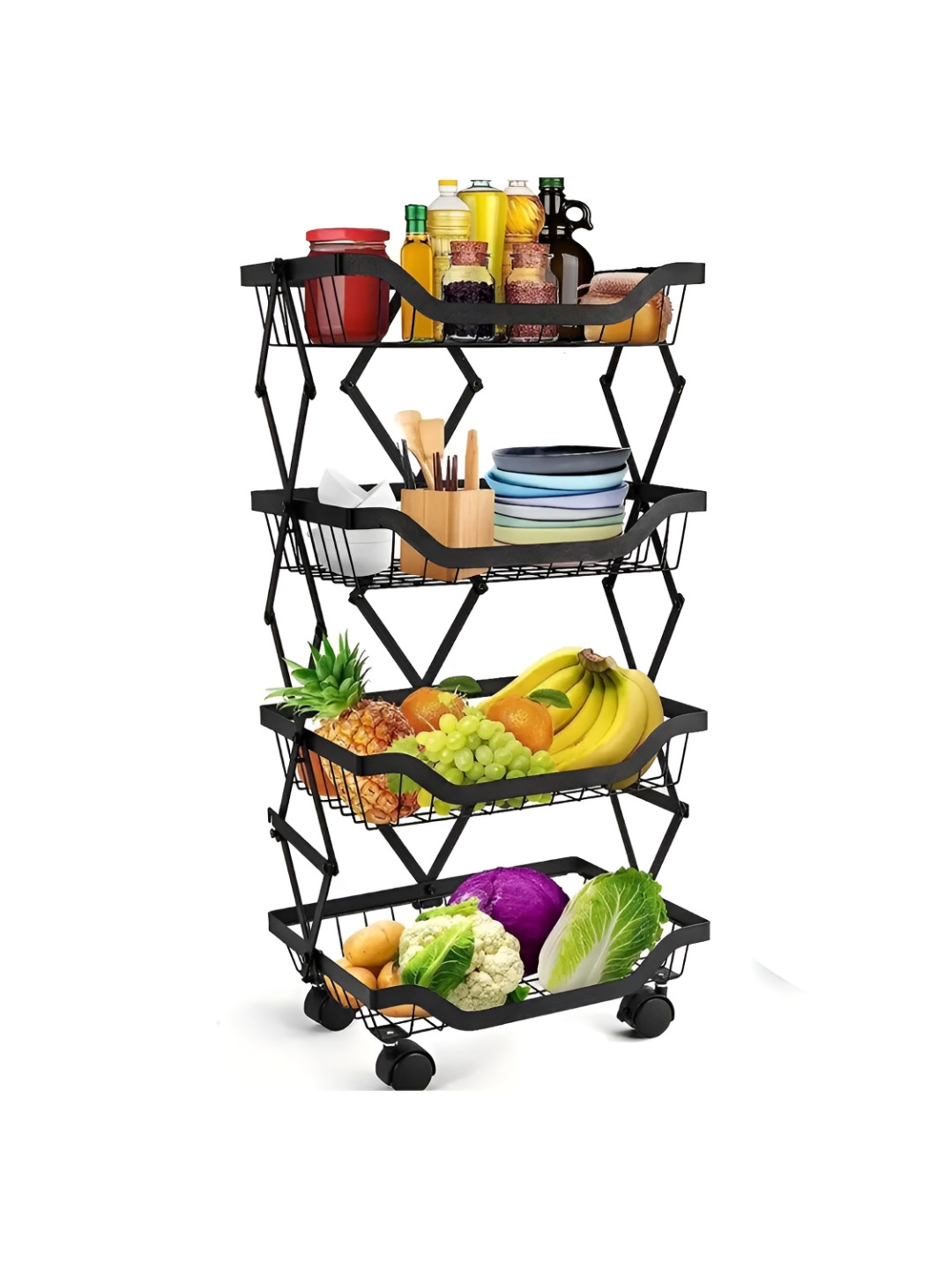 Kuber Industries Black 4-Layers 360-Degree Rotable Collapsible Kitchen Rack Trolley