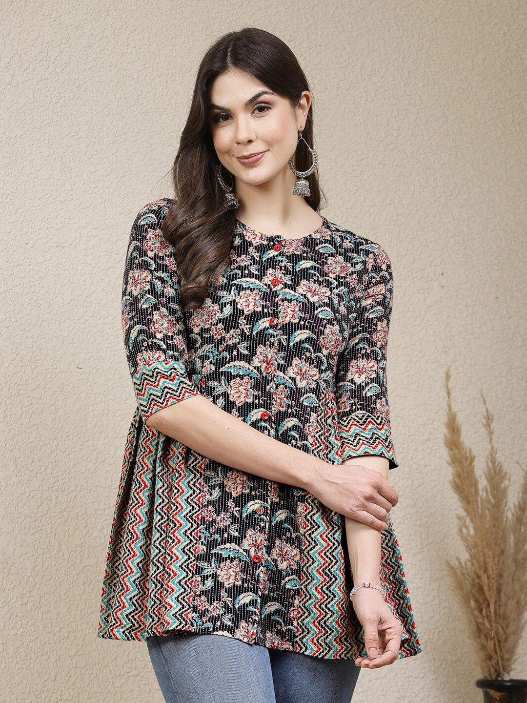 Stylum Black Floral Printed Cotton Peplum Top