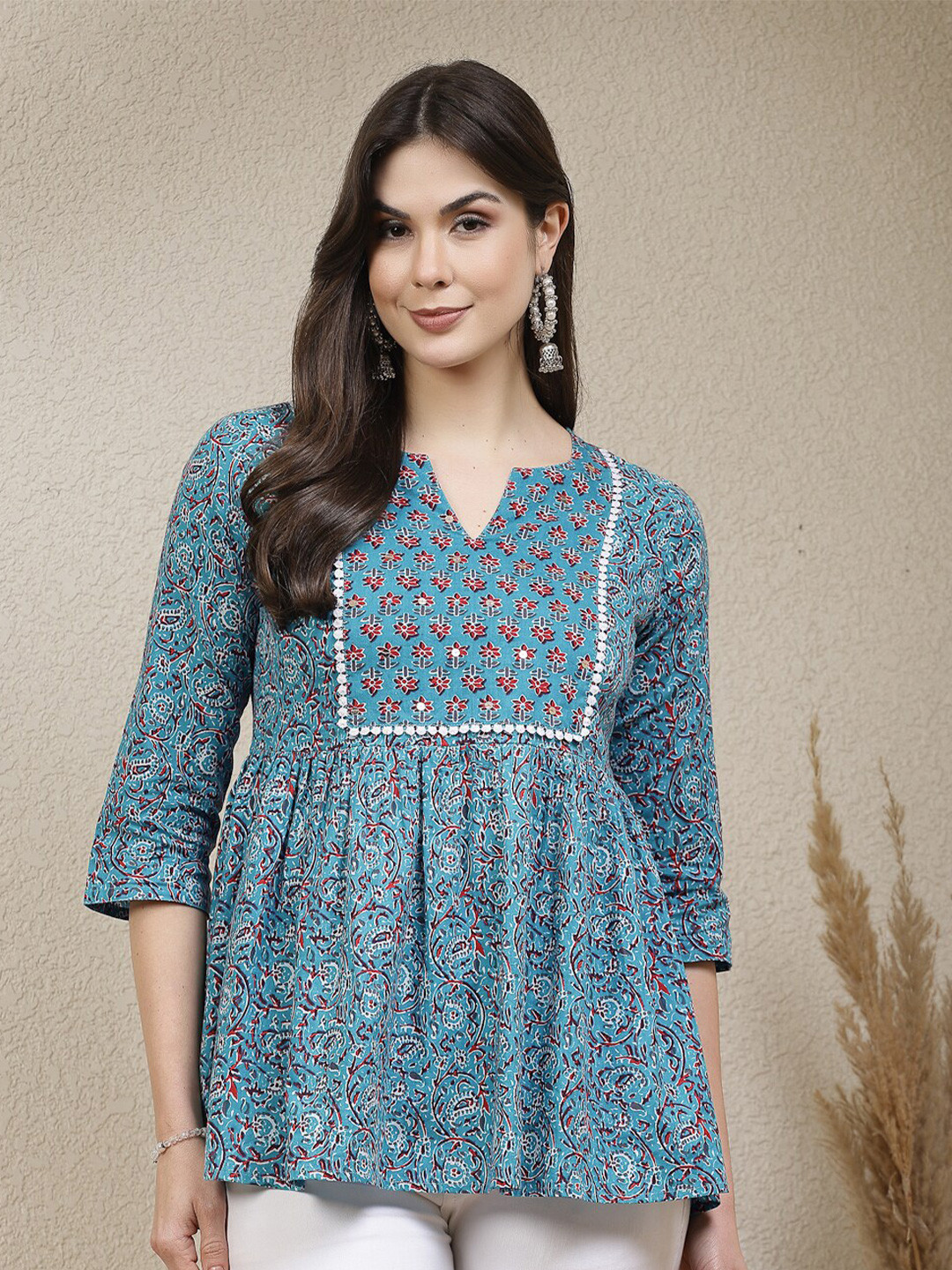 Stylum Turquoise Blue Floral Printed Notch Neck Cotton Peplum Top