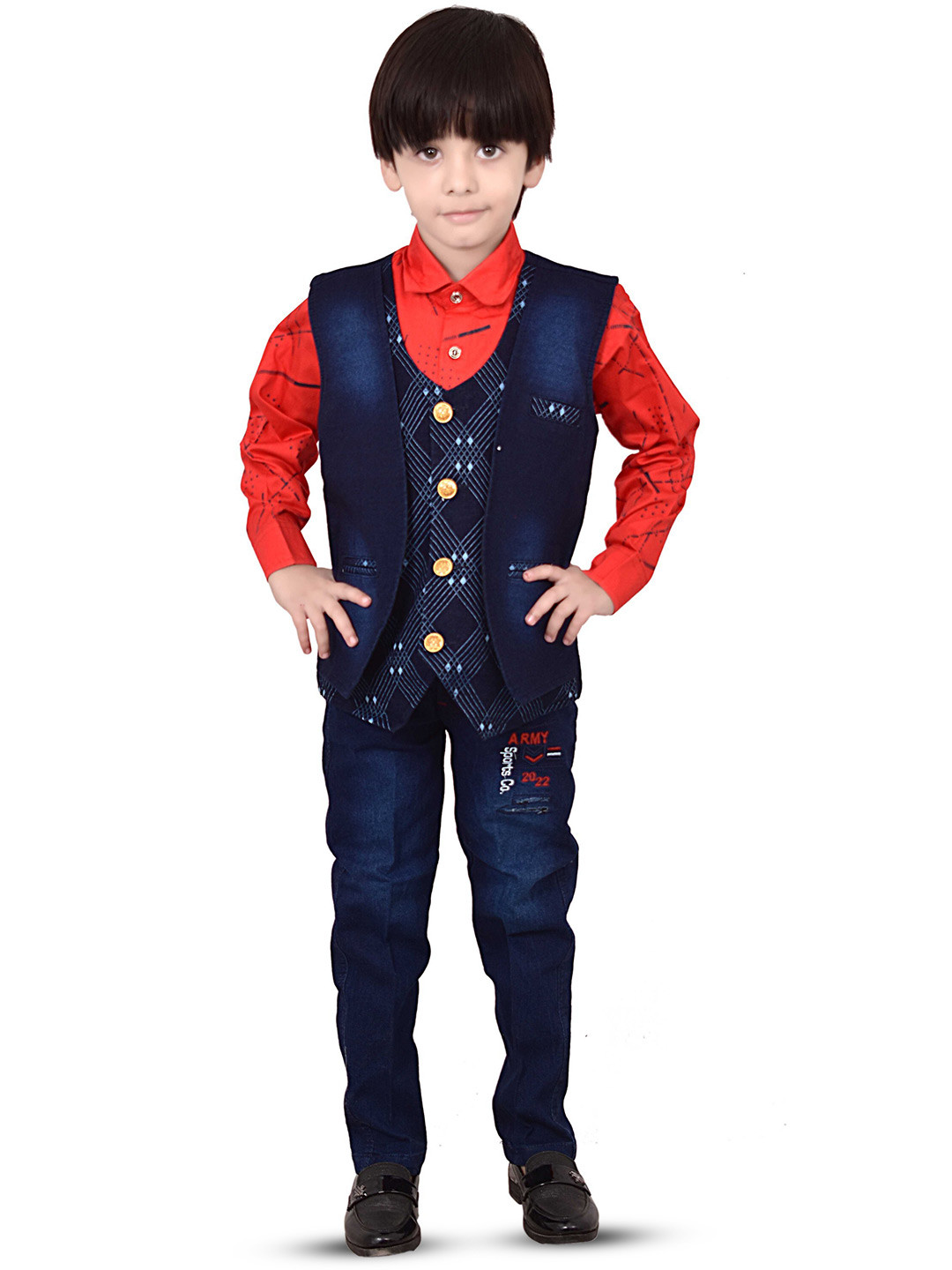 BAESD Boys Printed Shirt Collar Shirt & Jeans With Waistcoat