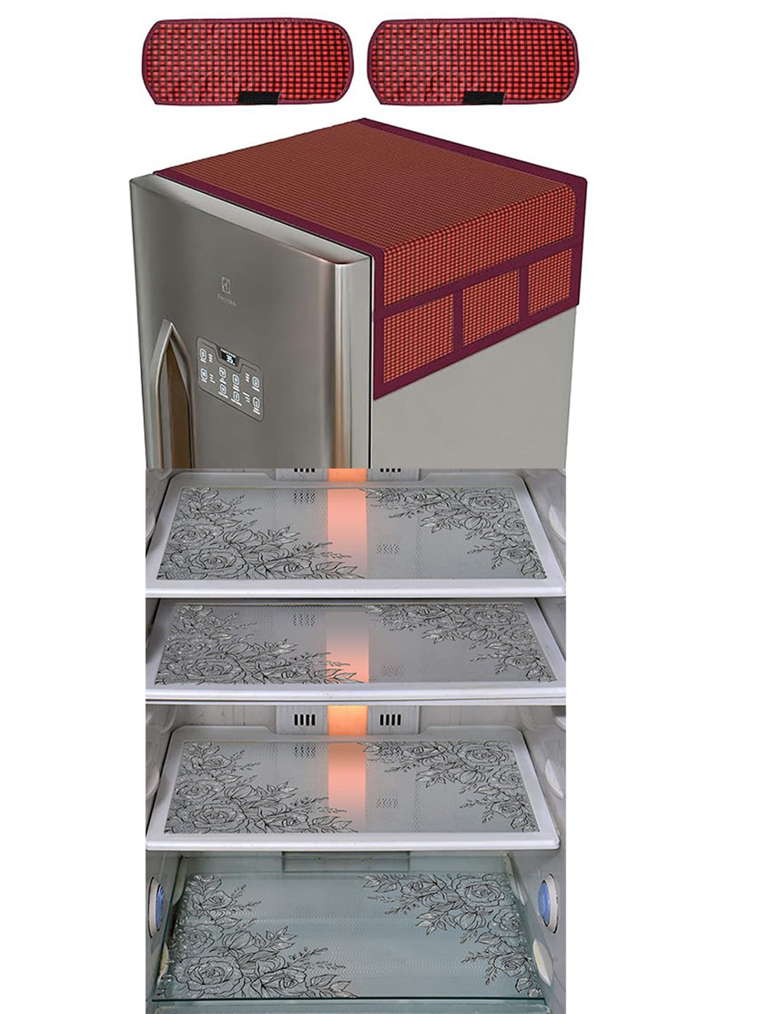 Dakshya Industries 7Pcs Maroon Checked Protective Barriers Refrigerator Cover Combo