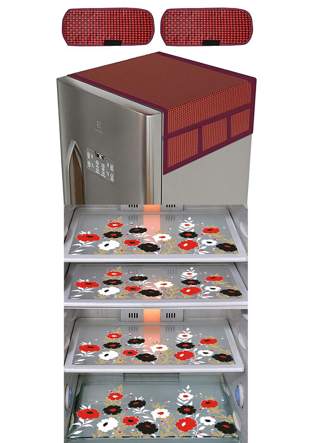 Dakshya Industries 7Pcs Maroon & Brown Checked Protective Barriers Refrigerator CoverCombo