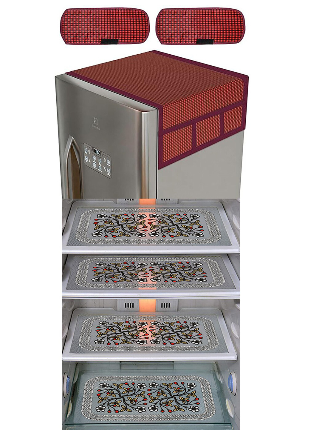 Dakshya Industries 7Pcs Black & Maroon Printed Protective Barriers RefrigeratorCover Combo
