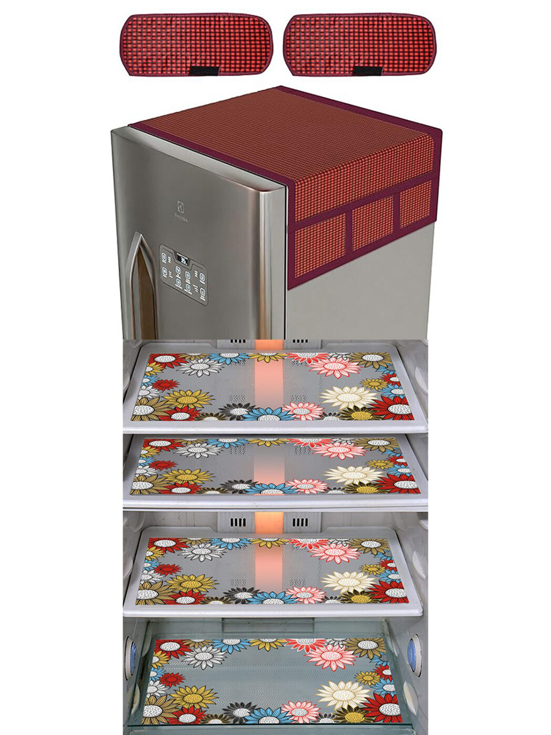 Dakshya Industries 7Pcs Maroon & Black Printed Protective Barriers RefrigeratorCover Combo