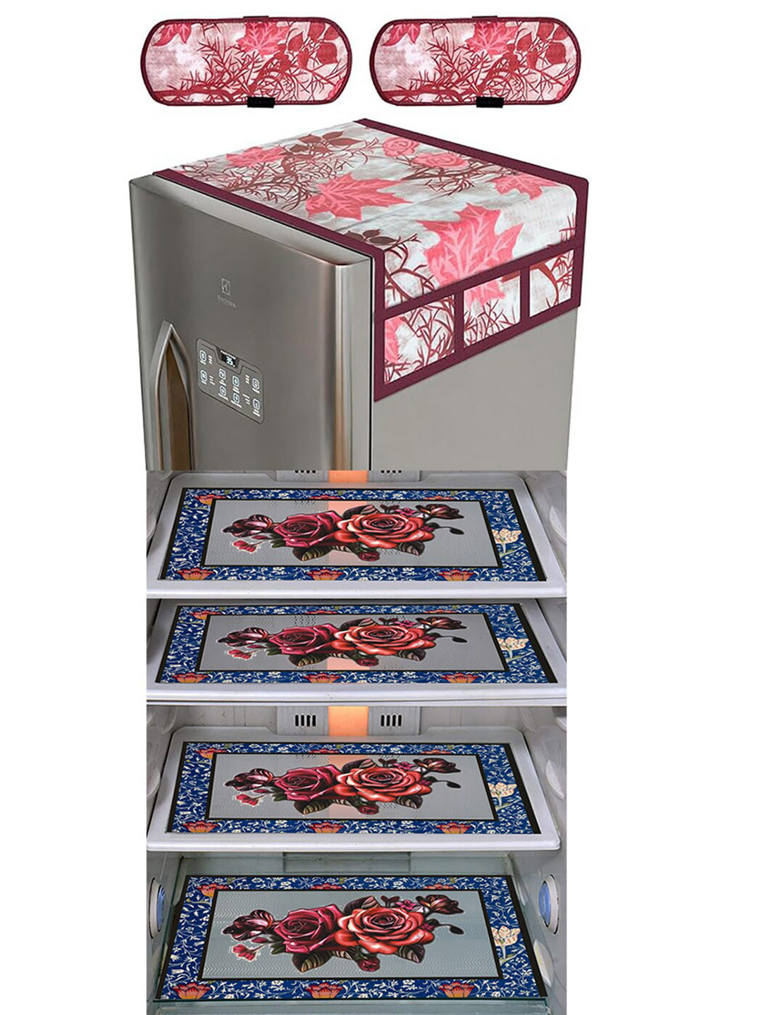 Dakshya Industries 7 Pcs Maroon & Blue Floral Print Refrigerator Covers & Mats
