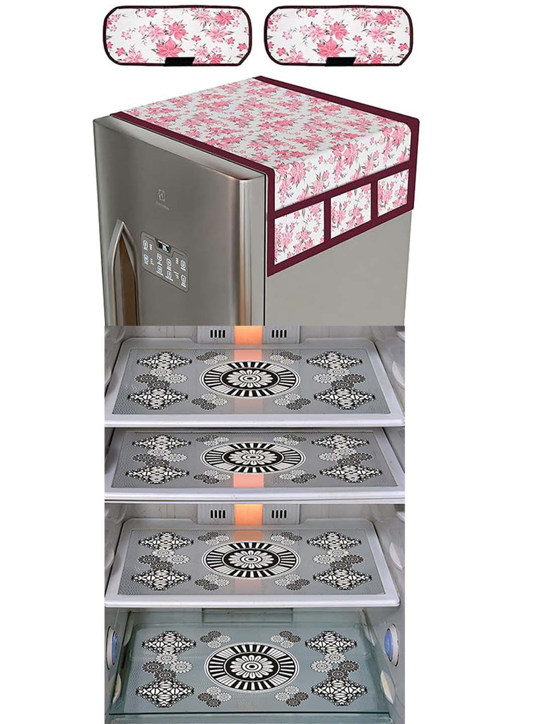 Dakshya Industries Transparent & Pink 7 Pcs Floral Refrigerator Appliance Cover