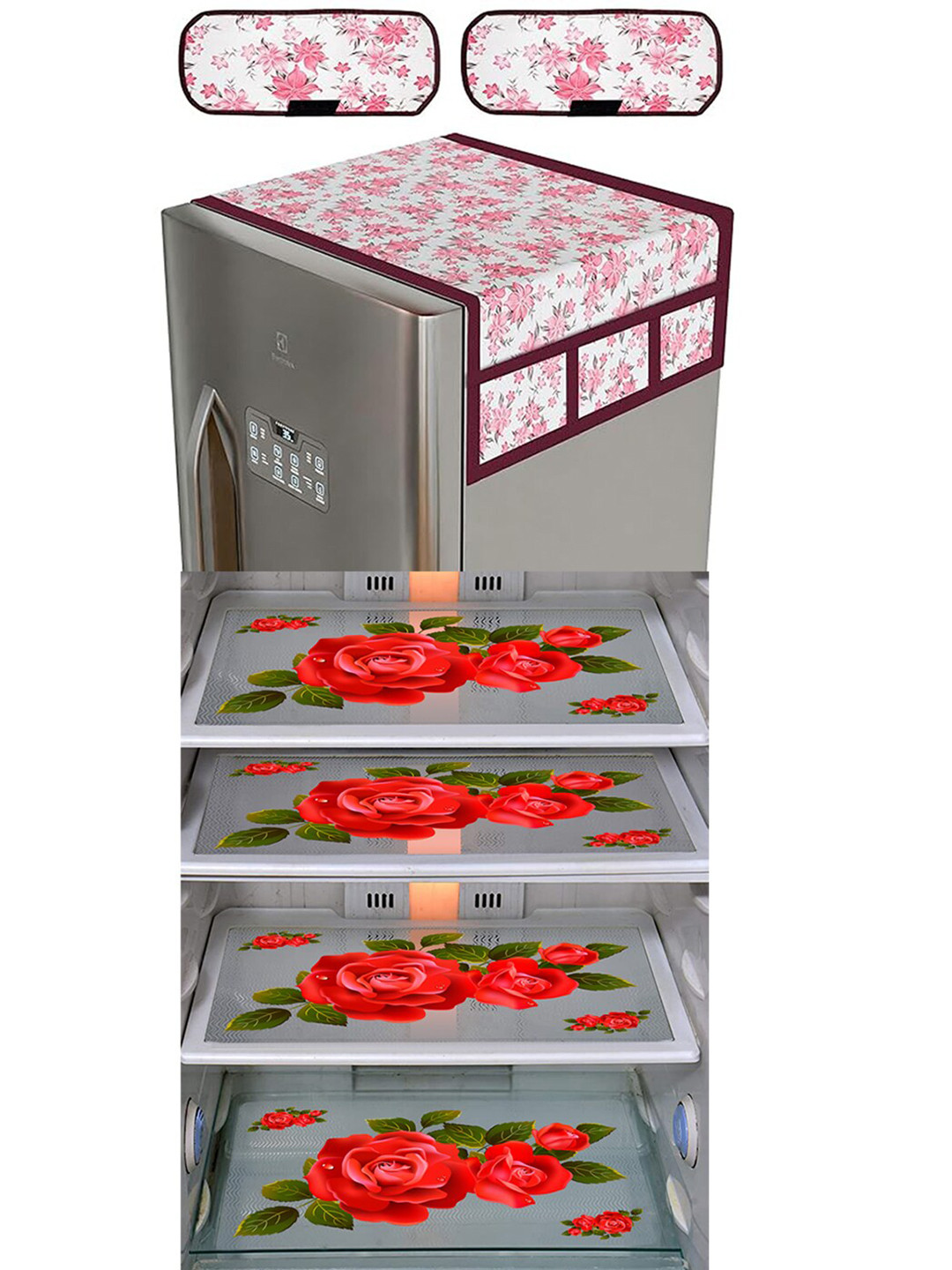 Dakshya Industries Red & White 7 Pieces Flower Print Refrigerator Appliance Covers