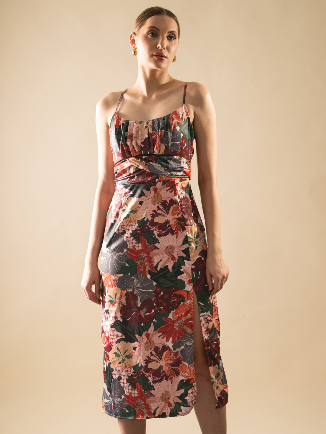 Stylecast X Hersheinbox Floral Print Satin Finish Ruched A-Line Dress