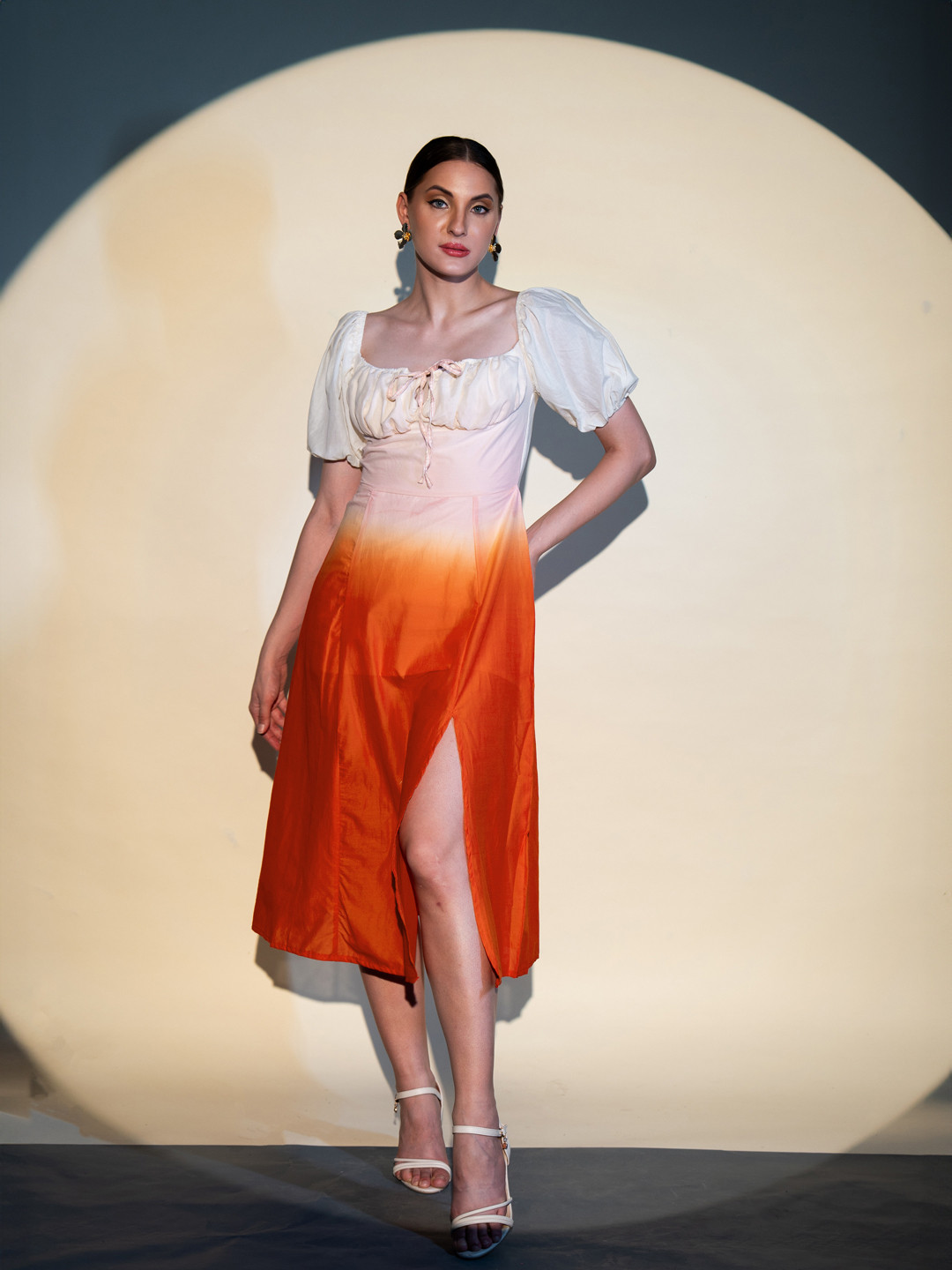 Stylecast X Hersheinbox Pure Cotton Dyed Tie-Up Neck Slit A-Line Midi Dress