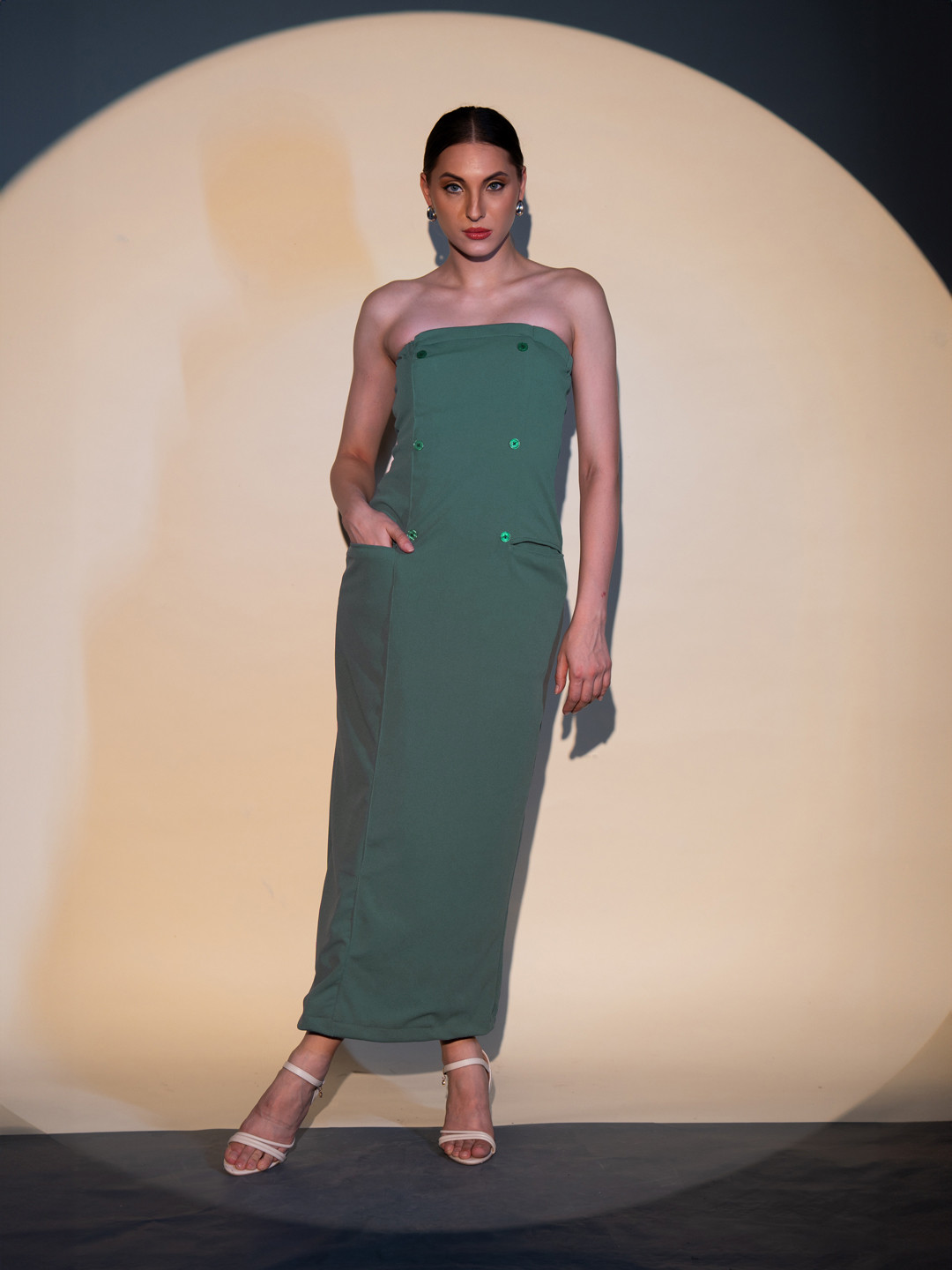 Stylecast X Hersheinbox Buttoned Detail Sheath Strapless Maxi Dress