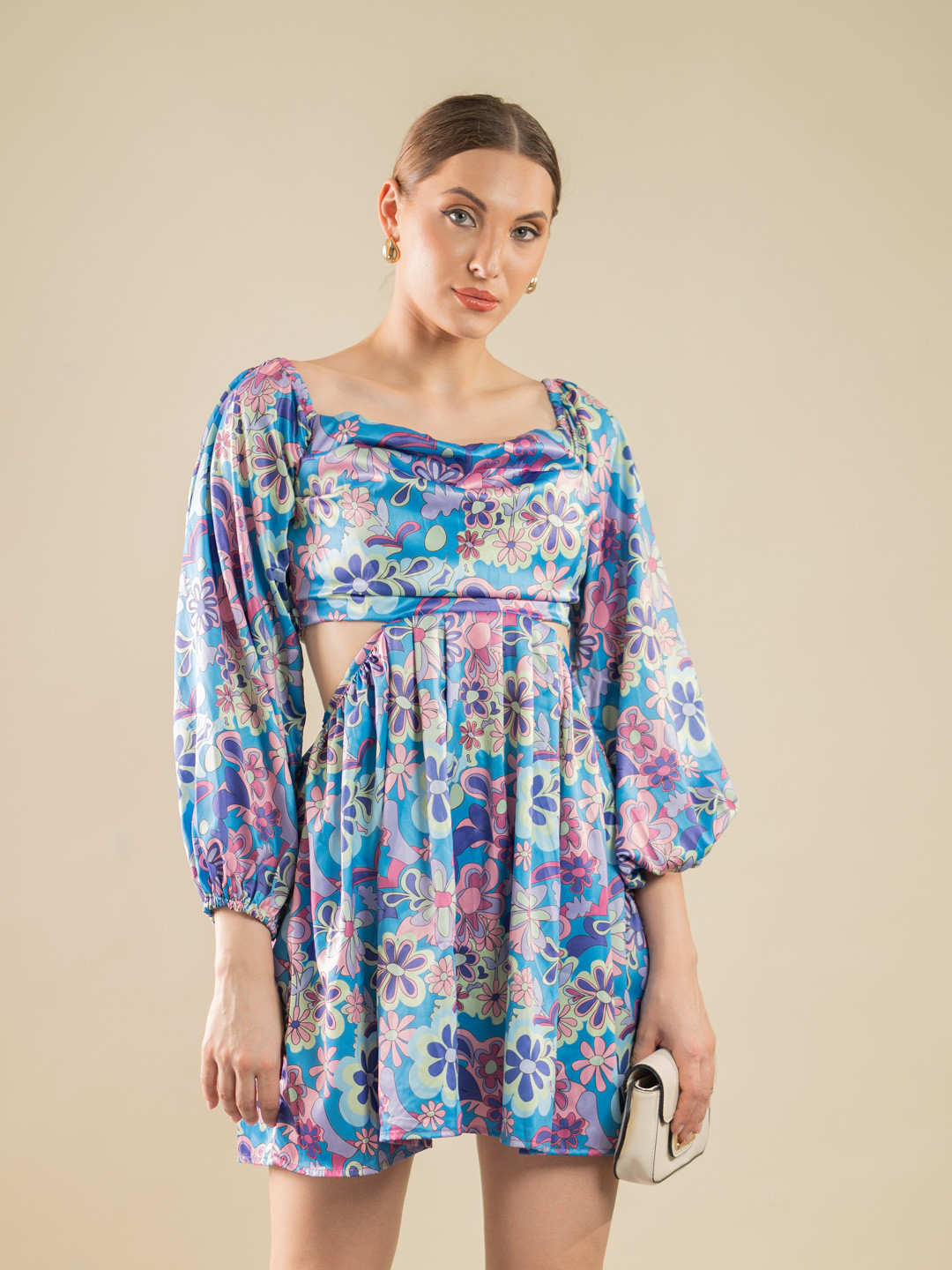 Stylecast X Hersheinbox Floral Print Cut-Out Open Back Satin Finish A-Line Mini Dress