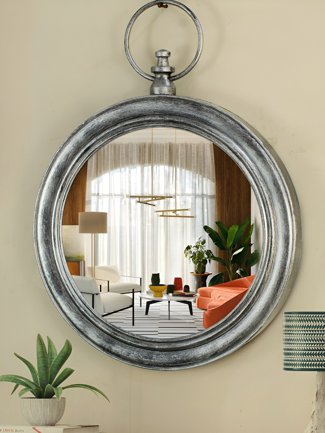 TIED RIBBONS Silver Toned Decor Circular Framed Wall Mirror