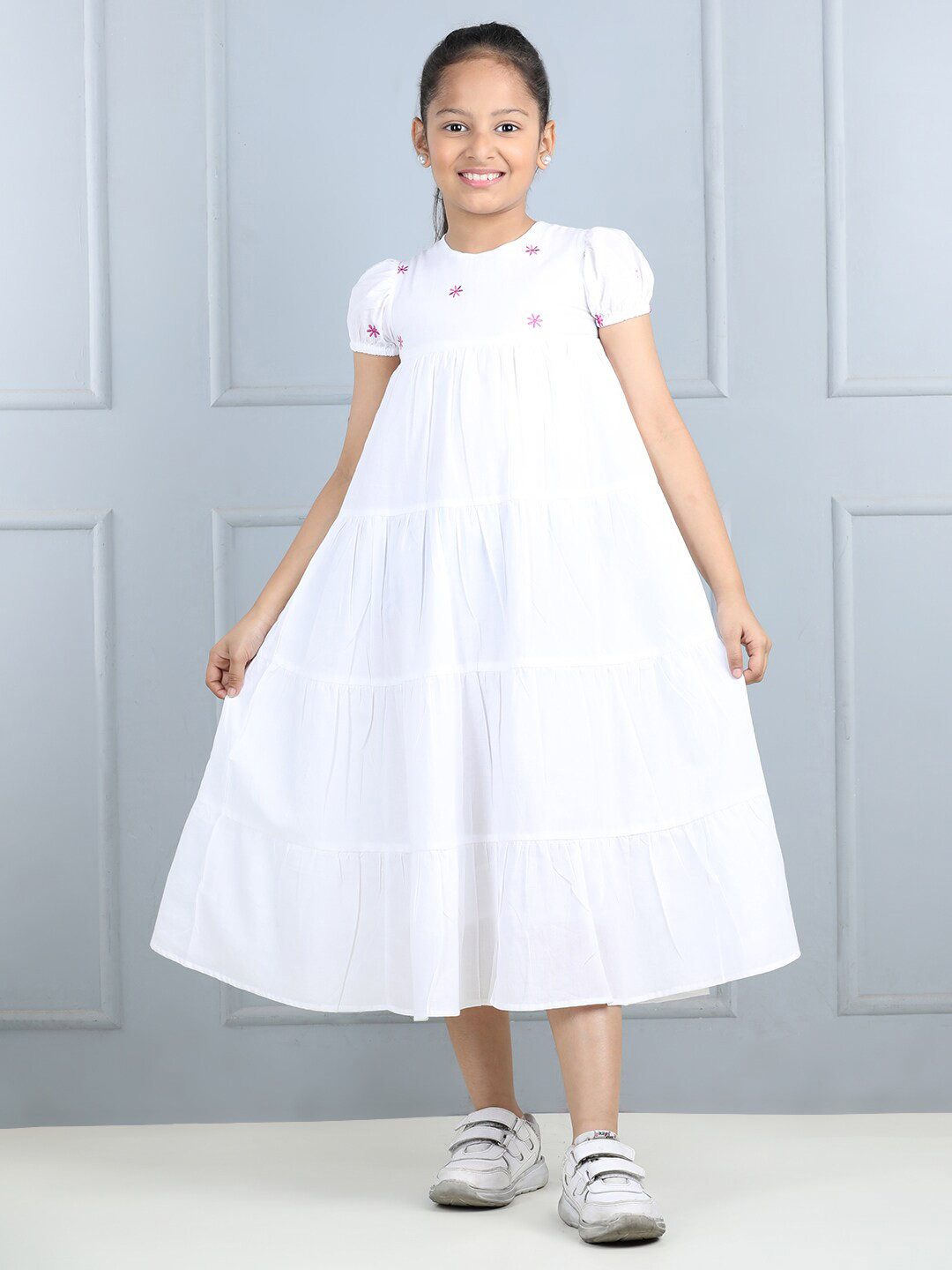 AWW HUNNIE Embroidery Round Neck Short Puff Sleeves Tiered Cotton A-Line Dress