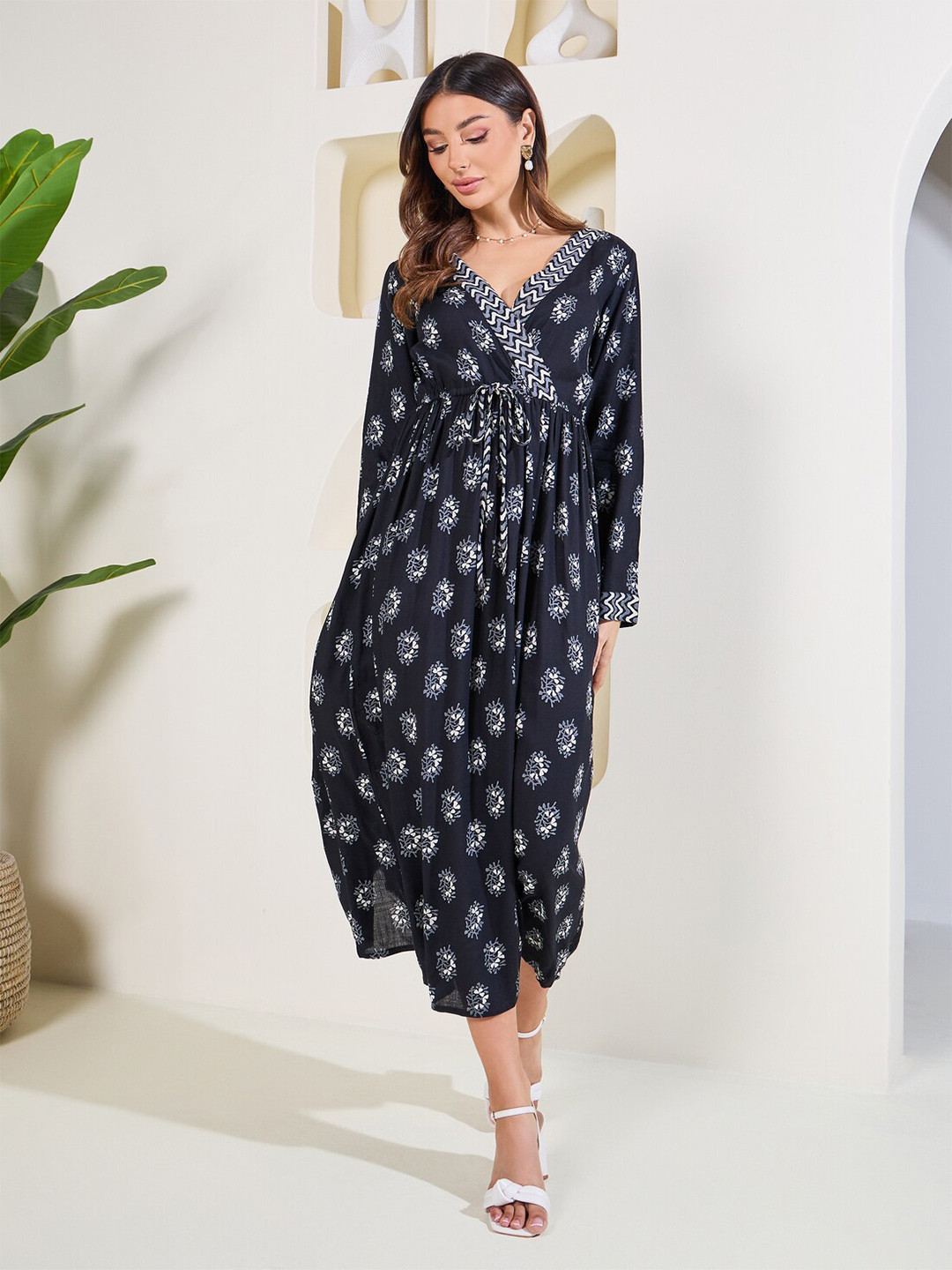Styli Block Print A-Line Maxi Dress with Waist Tie Up