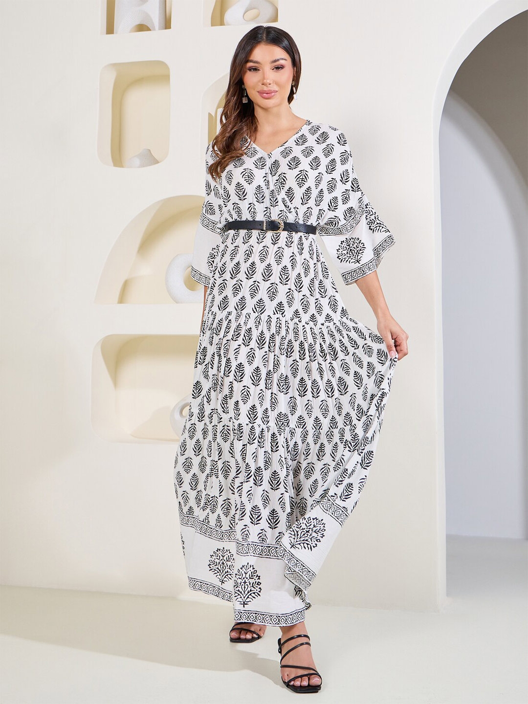 Styli V Neck Three Quarter Flared Sleeves Print Maxi Dress - Dresses for Women 27419012 | Myntra