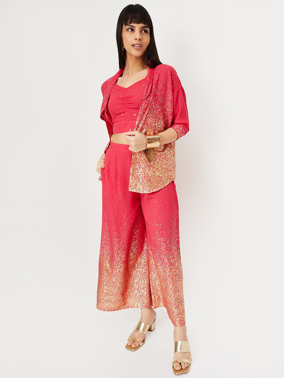 max Embellished V-Neck Crop Top & Front Open Shrug With Mid-Rise Palazzo Co-Ords