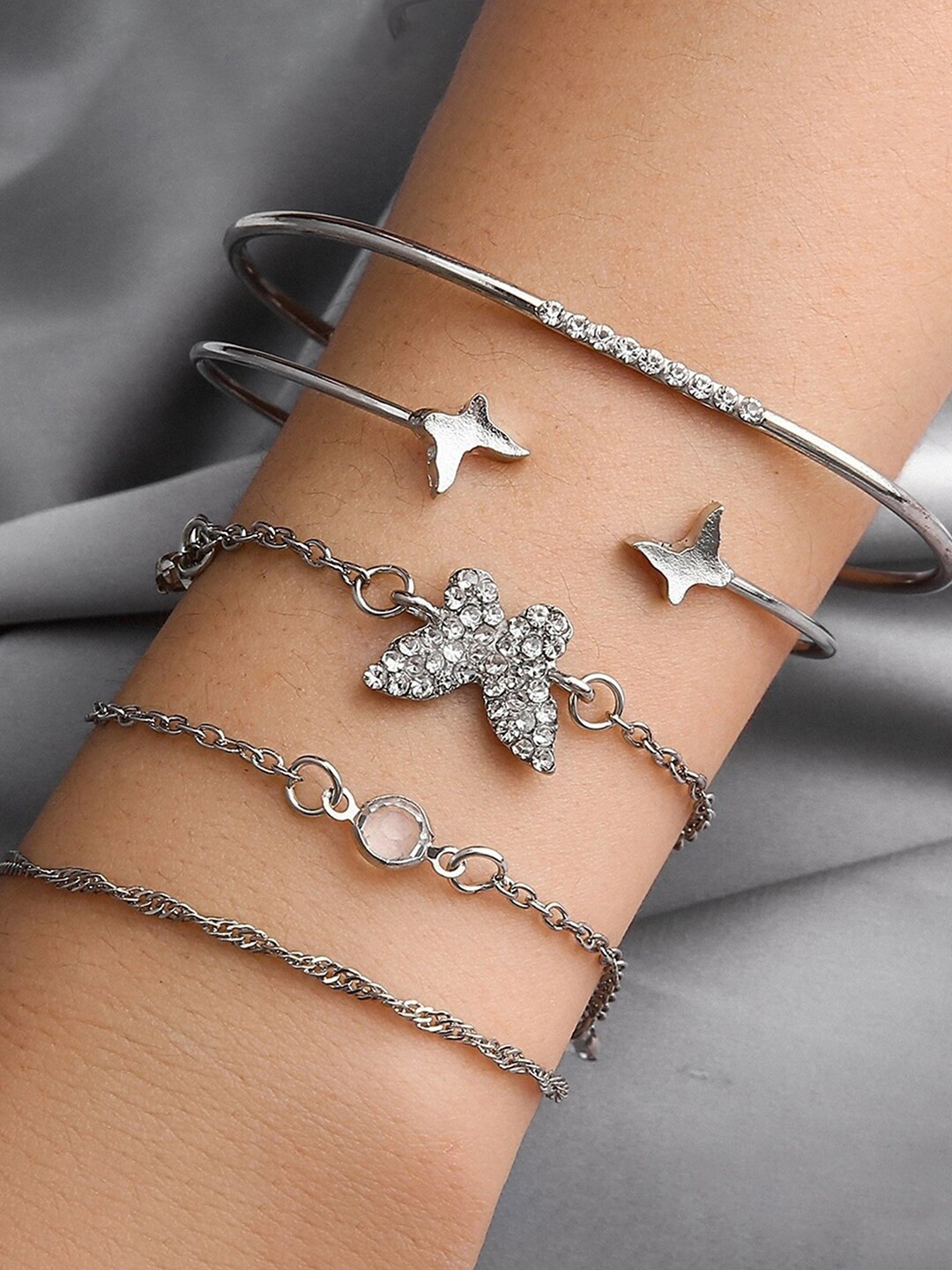 Peora Set of 5 Cubic Zirconia Studded Silver-Plated Cuff & Wraparound Bracelets