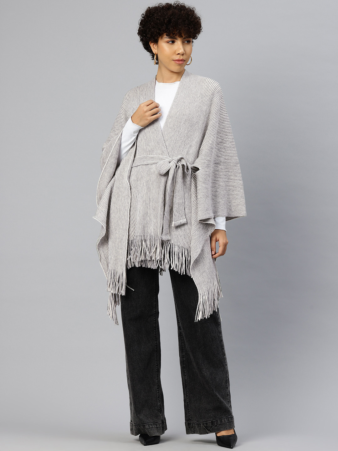 Pierre Carlo Striped Front-Open Sweater with Belted Detail