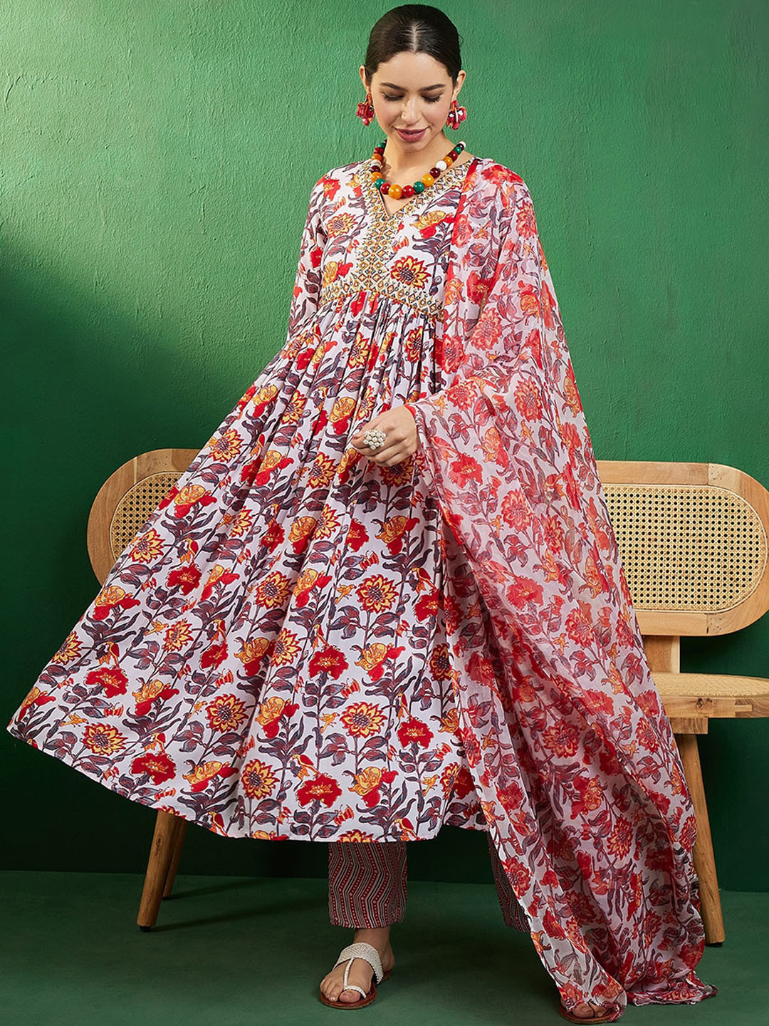Sangria Floral Printed Alia Cut Kurti with Trousers & Dupatta