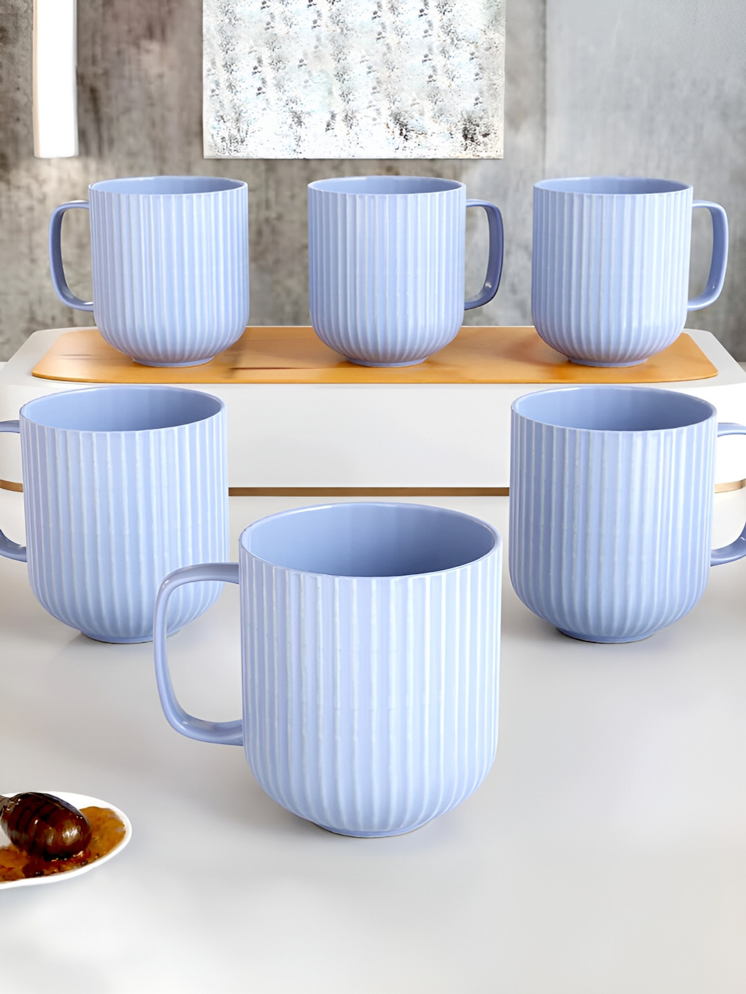 The Earth Store DW Espresso Blue Textured Ceramic Microwave Safe 6 Piece Mugs-330ml