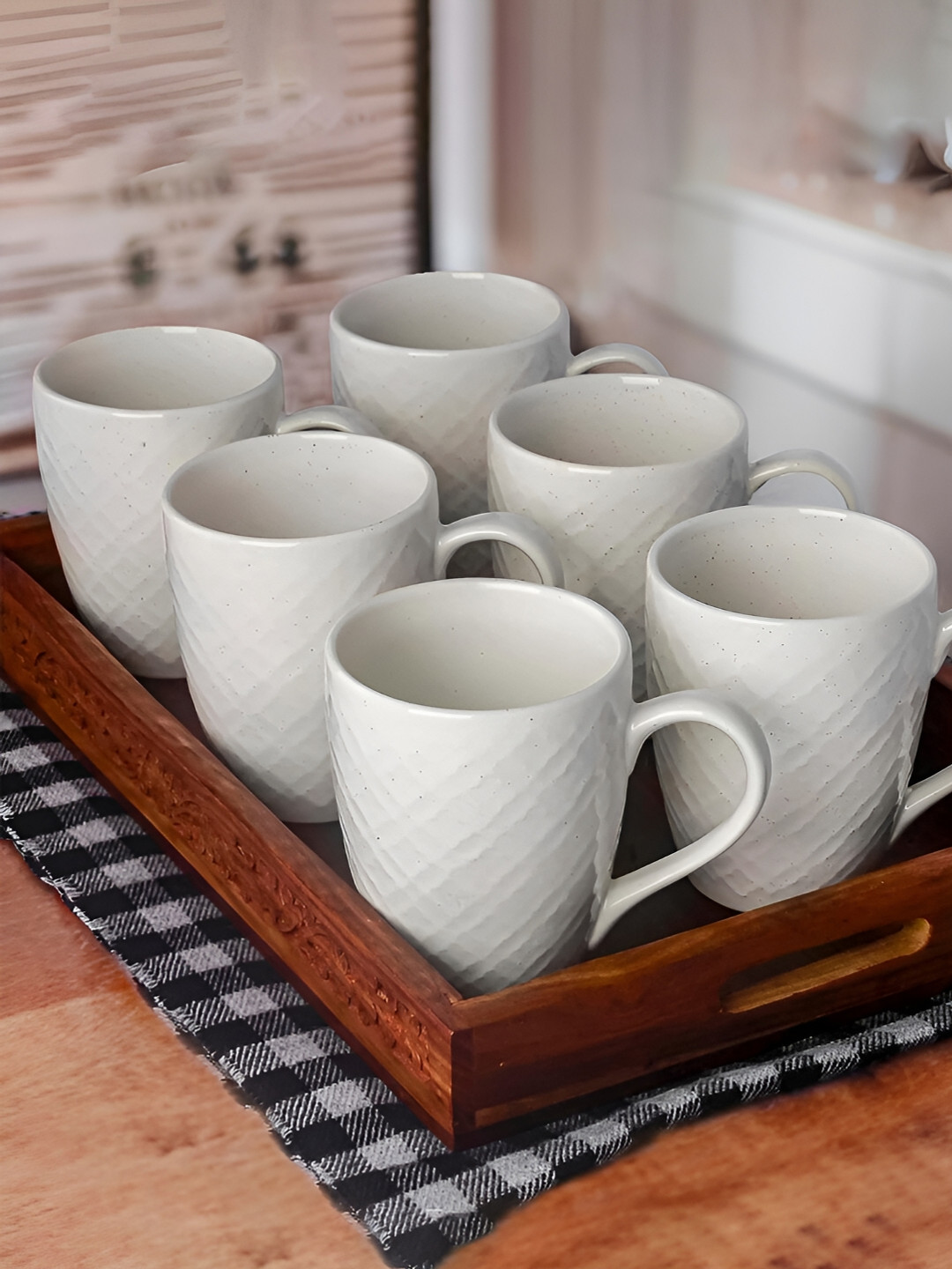 The Earth Store Heart Shape White Textured Ceramic Microwave Safe 6 Piece Mugs-360ml