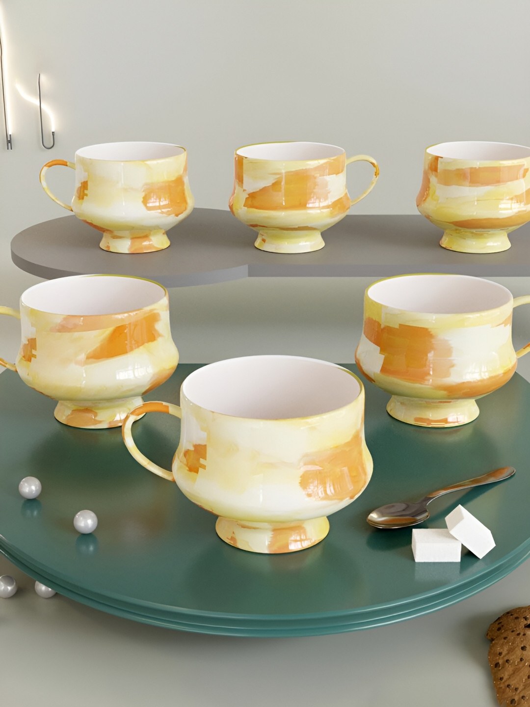 The Earth Store Gold Tea Cups Assorted Abstract Ceramic Microwave Safe 6 Piece Cups-120ml