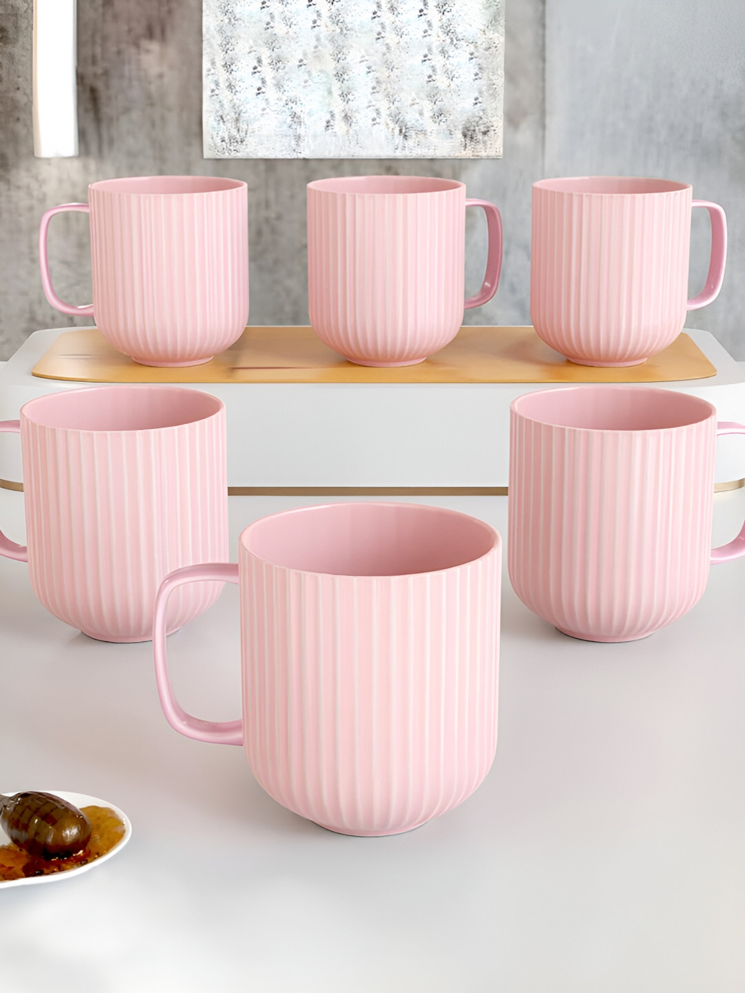 The Earth Store Pink Textured Ceramic Microwave Safe 6 Piece Mugs-340ml