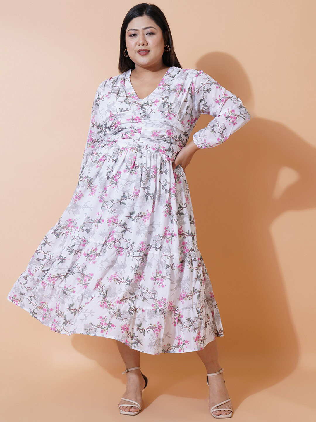 U&F Beyond Floral Print Puff Sleeve Georgette Fit & Flare Midi Dress