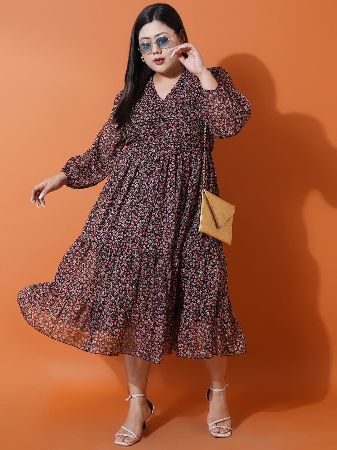 U&F Beyond Plus Size Floral Printed Puff Sleeves Georgette Tiered Fit & Flare Midi Dress