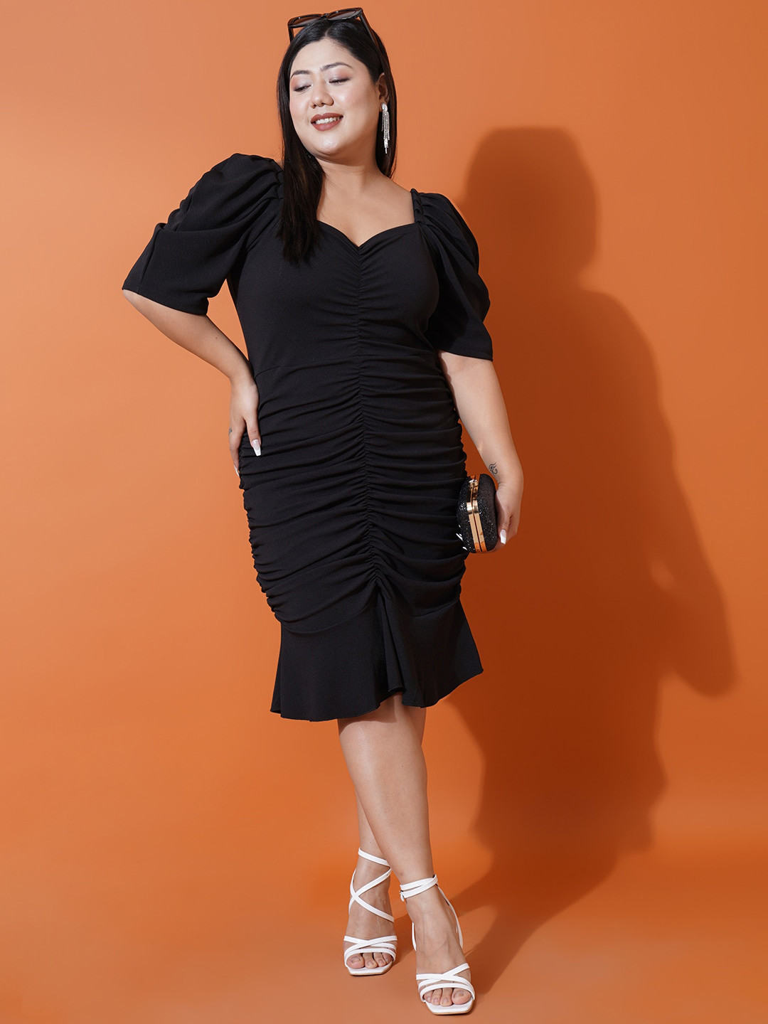 U&F Beyond Plus Size Sweetheart Neck Puff Sleeves Ruched Scuba Sheath Dress