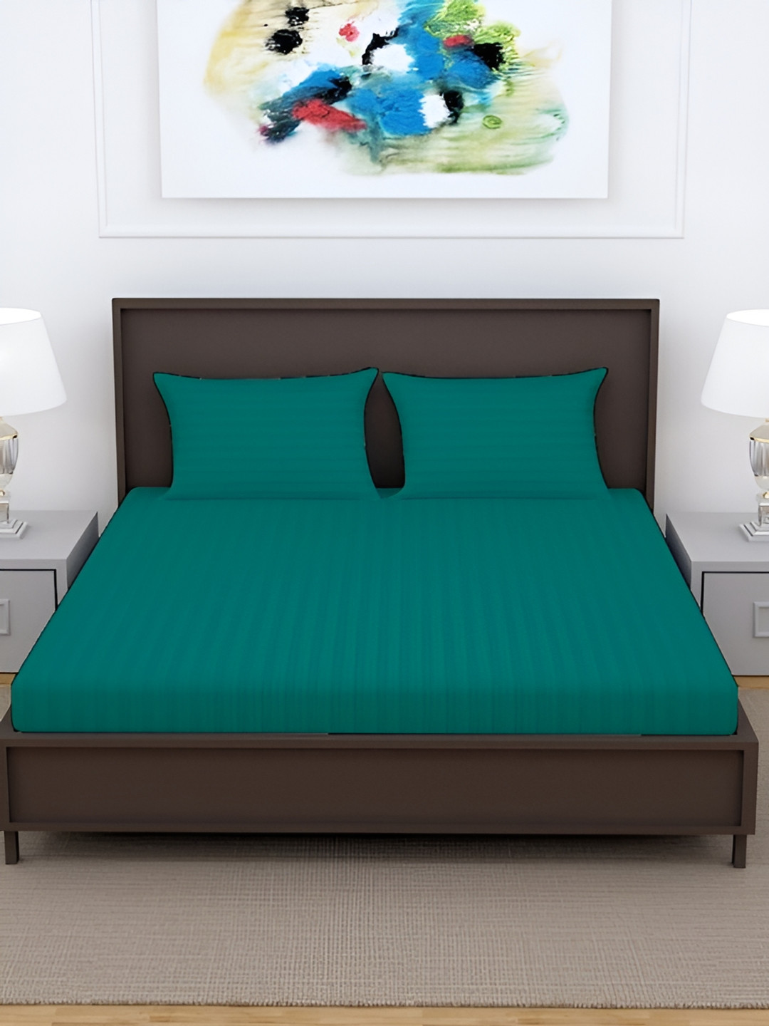 Hammer Home Teal Striped Printed 200 TC Fitted Queen Bedsheet With 2 Pillow Covers