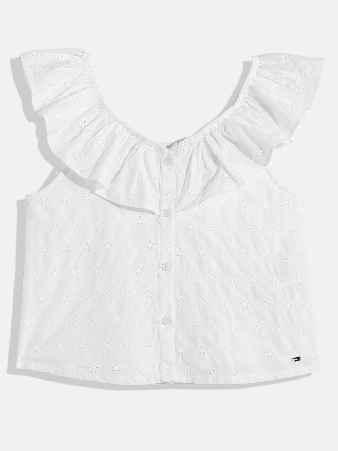 Tommy Hilfiger Girls Floral & Brand Logo Embroidered Cap Sleeves Schiffli Pure Cotton Top