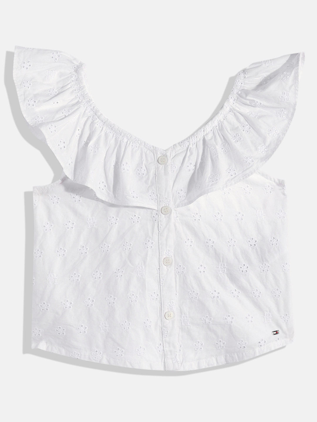 Tommy Hilfiger Girls Floral & Brand Logo Embroidered Cap Sleeves Schiffli Pure Cotton Top
