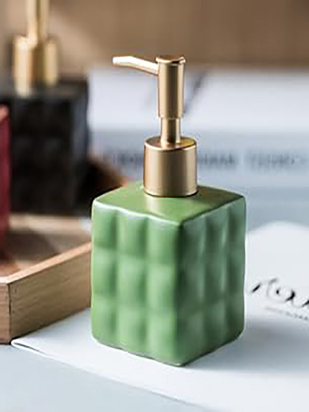 Kuber Industries Green Checked Ceramic Liquid Soap Dispenser 220 ml