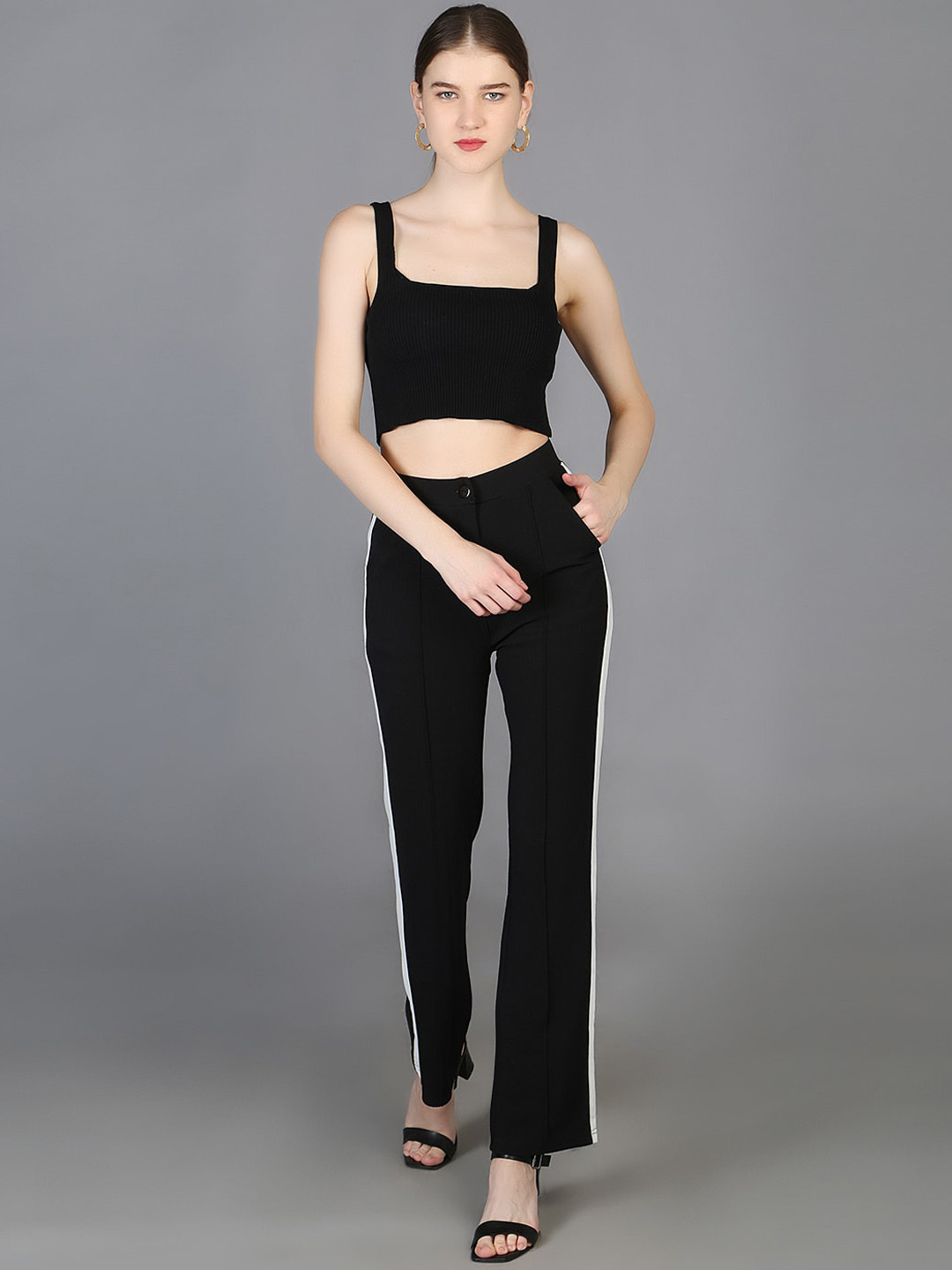 Orchid Blues Women Flared High-Rise Side Tape Trousers