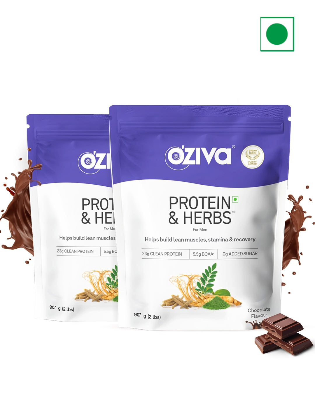 OZiva Set Of 2 Chocolate Flavour Protein & Herbs Powder For Better Stamina - 907 g Each