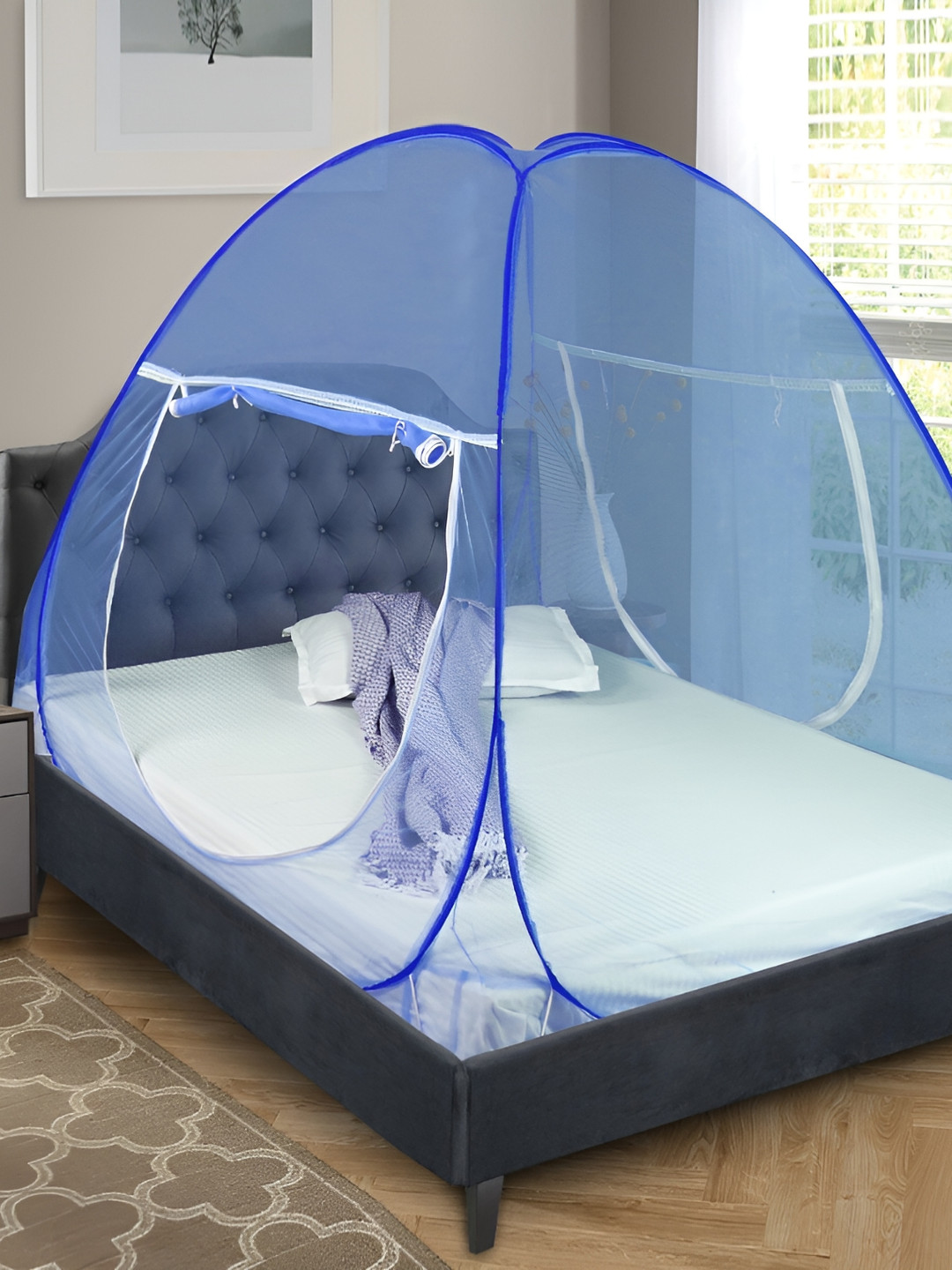 ROYALE HI DESIGN Blue Sheer Foldable King Queen Size Tent Mosquito Net With Free Saviours