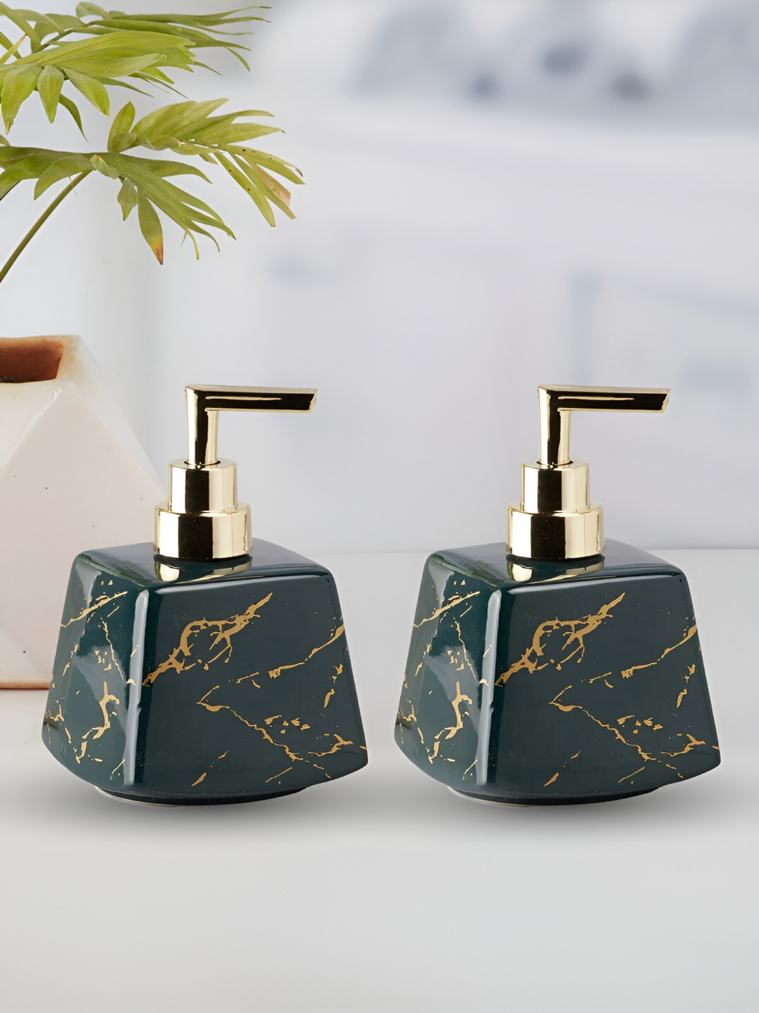 Kookee Green 2 Pieces Abstract Ceramic Soap Dispenser 300 ml