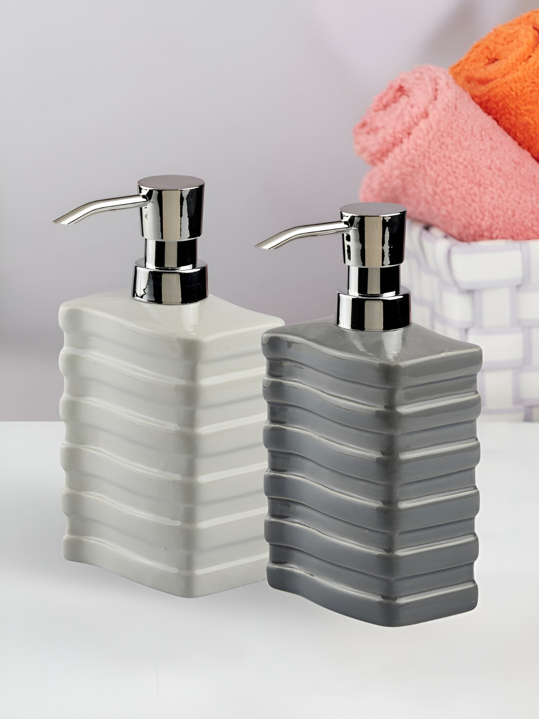 Kookee Grey & White 2 Pieces Striped Ceramic Soap Dispensers