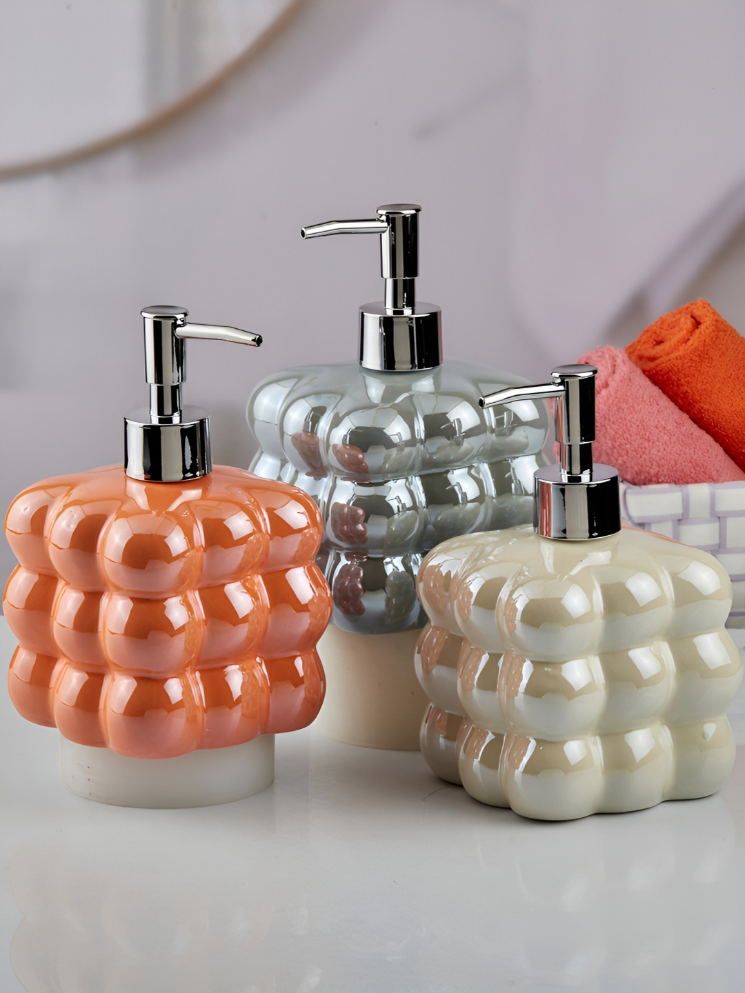 Kookee Beige & Blue 3 Pieces Textured Ceramic Soap Dispensers 400 ml each