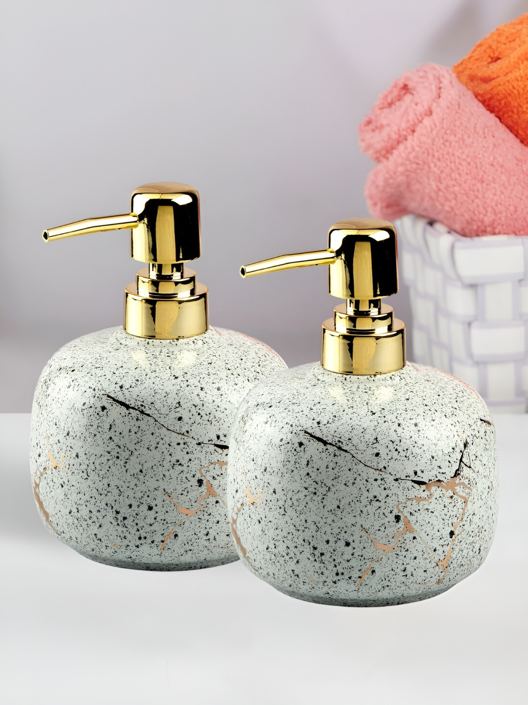 Kookee White & Grey 2 Pieces Abstract Ceramic Soap Dispenser 500 ml Each