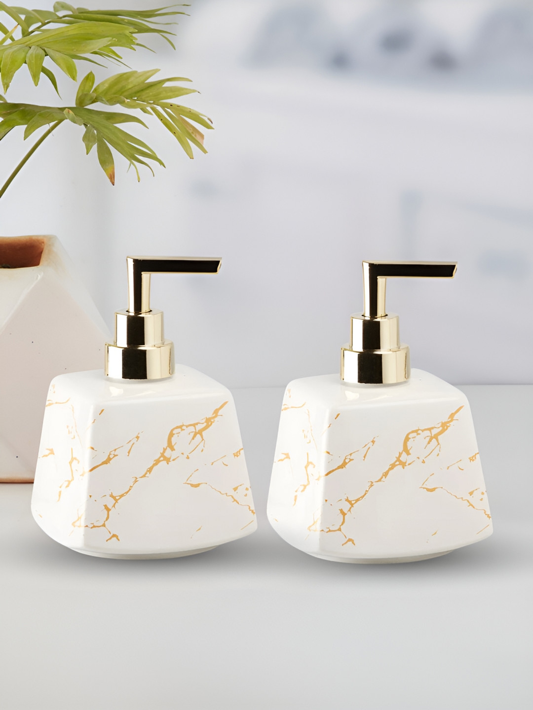 Kookee White 2 Pieces Abstract Printed Ceramic Soap Dispensers