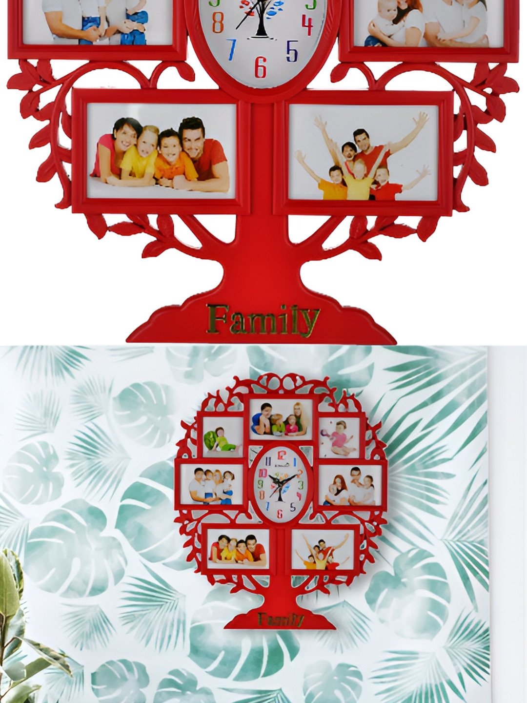 Attractionz Red Oval Shaped Tree Photo Frame Textured Contemporary Analogue Wall Clock