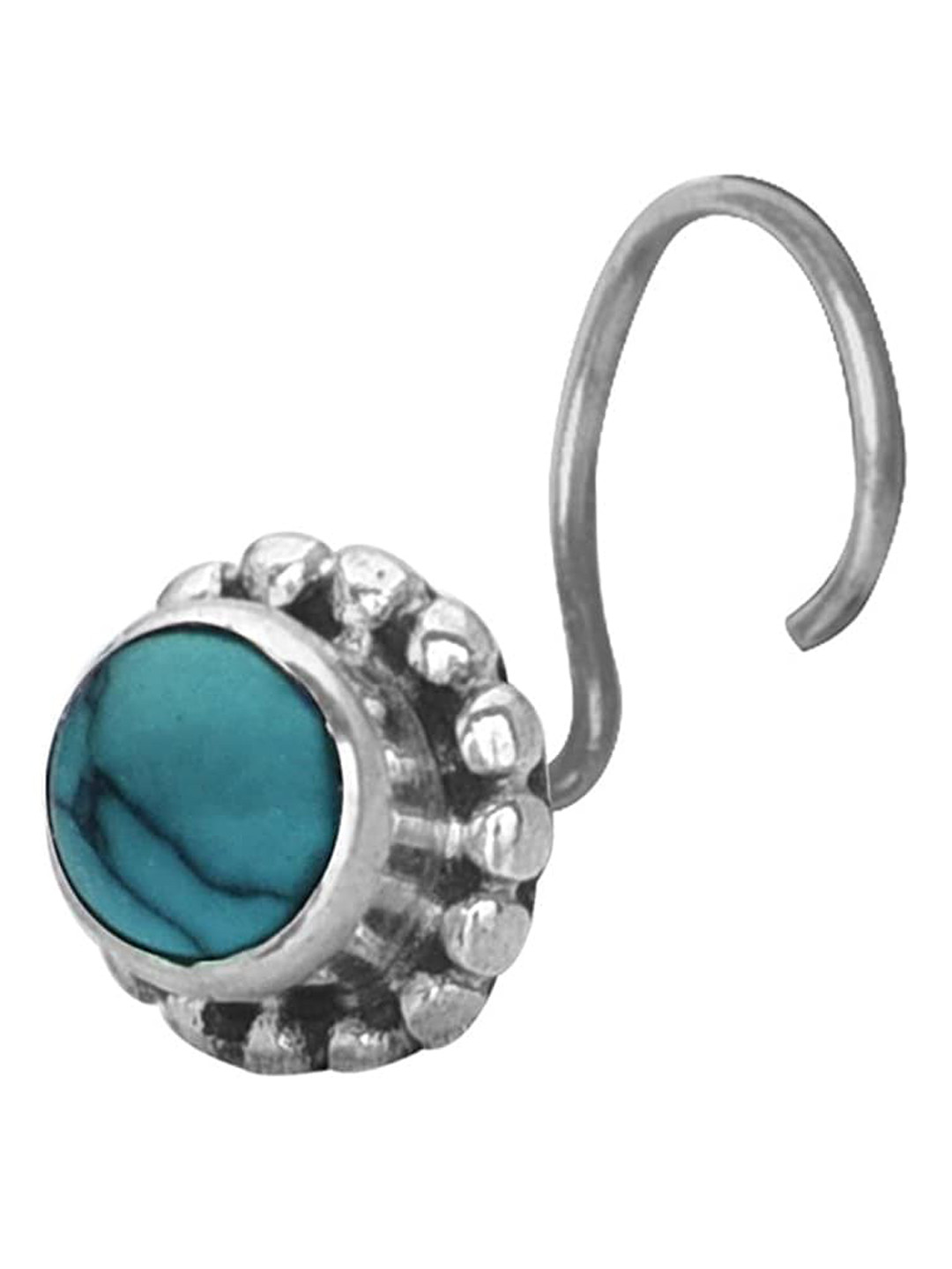 Abhooshan Turquoise-Studded 92.5 Sterling Silver Oxidised Stud Nosepin