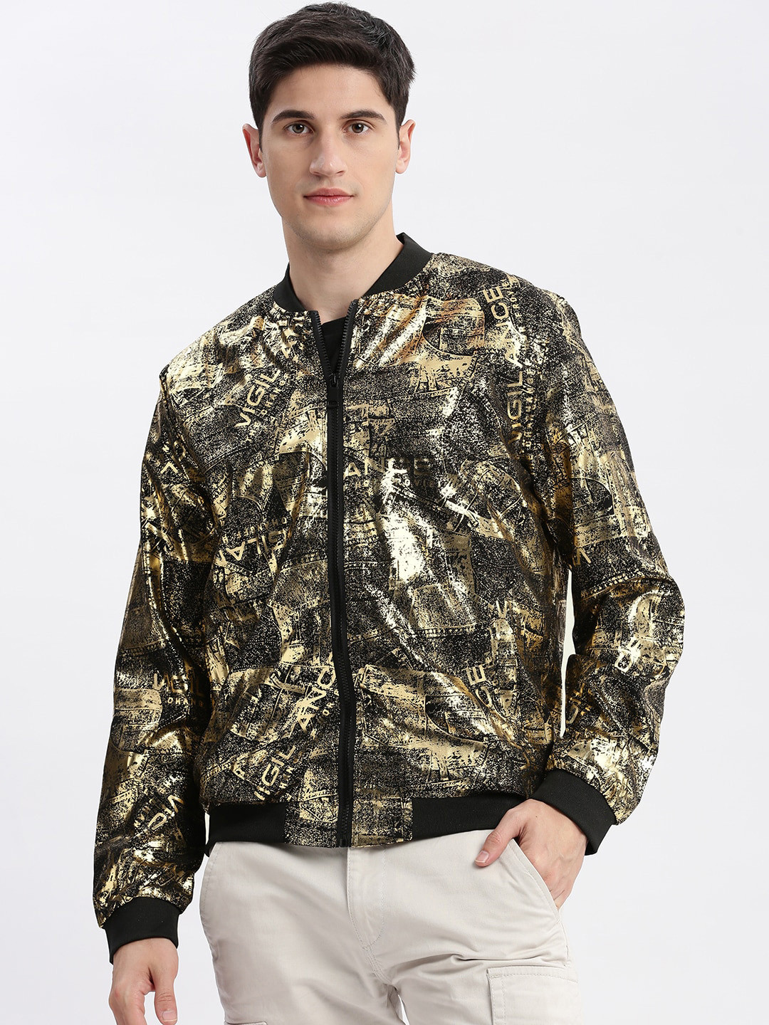 SHOWOFF Abstract Bomber Stand Collar Slim Fit Windcheater Bomber Jacket