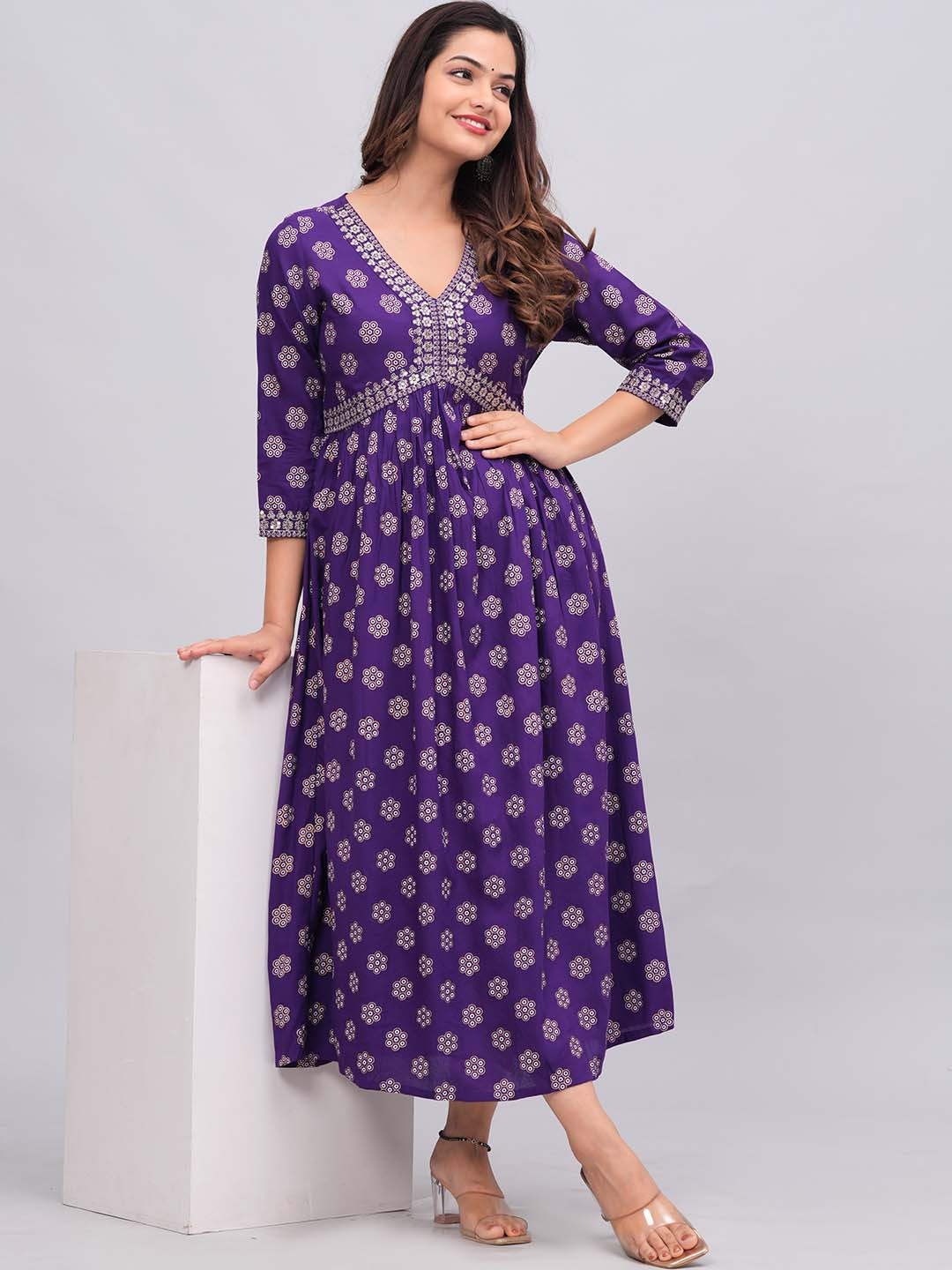 NEW4U Floral Printed V-Neck Sequinned Empire Midi Ethnic Dress