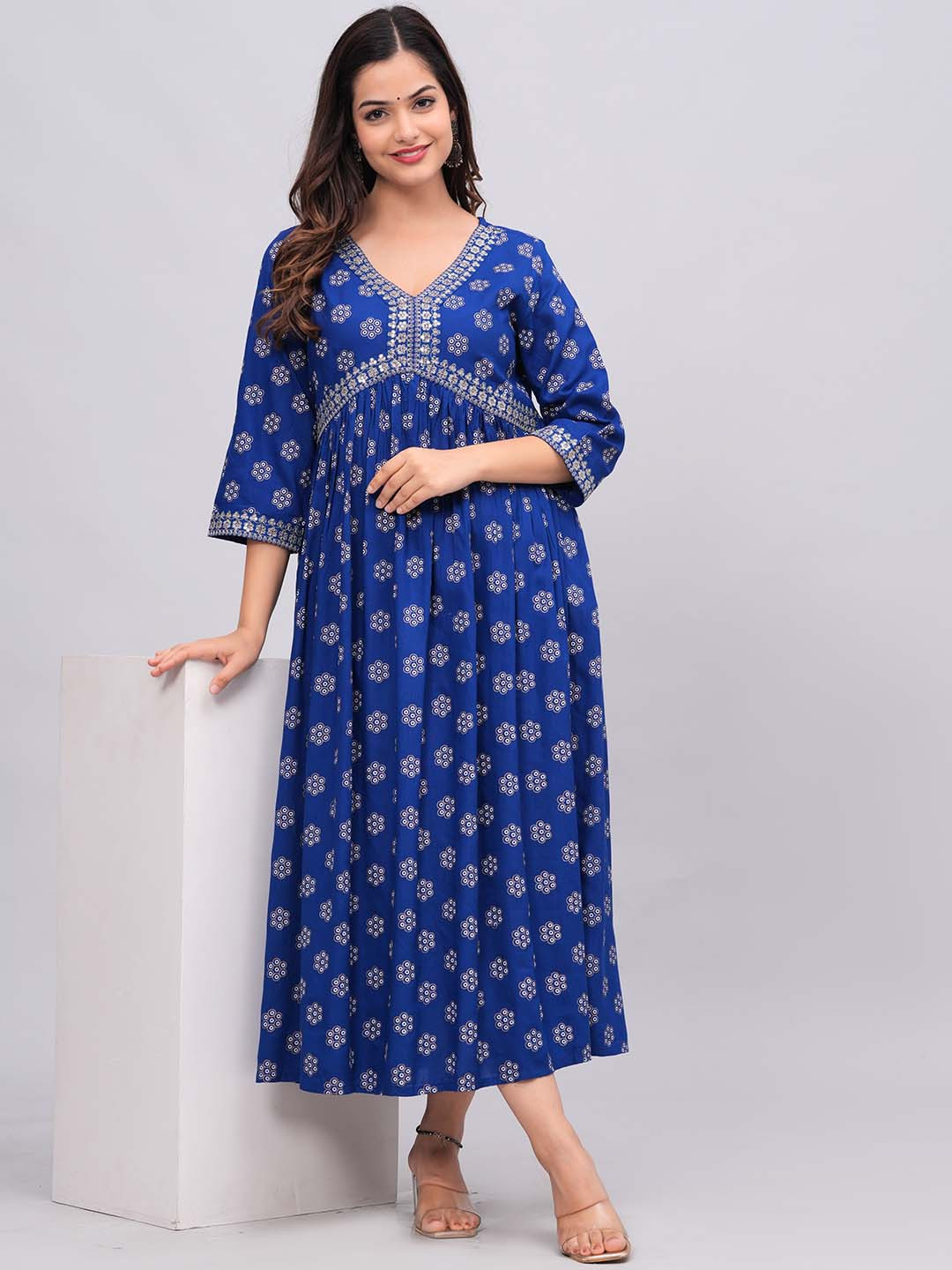 NEW4U Floral Printed V-Neck Sequinned Empire Midi Ethnic Dress