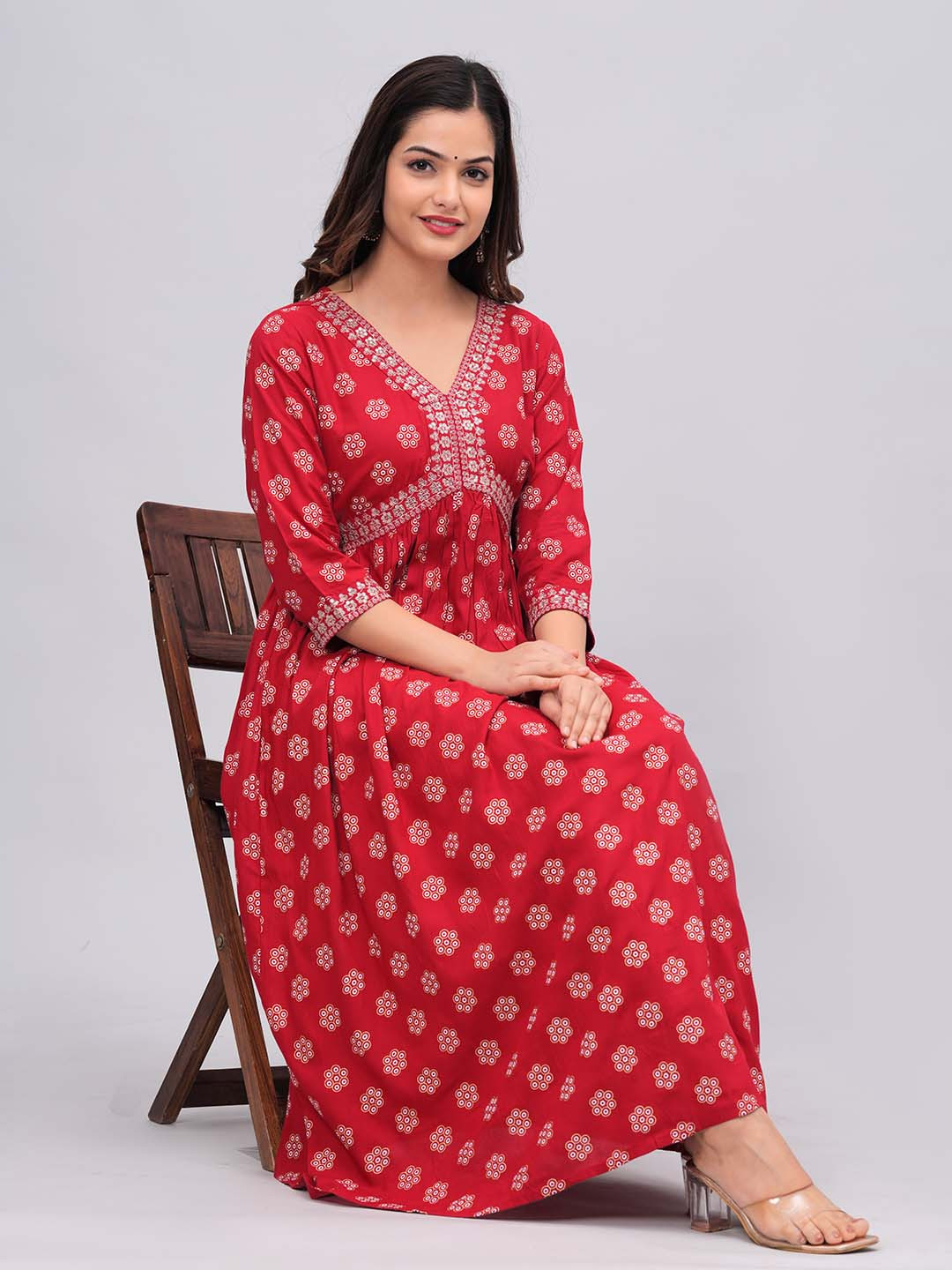 NEW4U Floral Printed V-Neck Sequinned Empire Midi Ethnic Dress