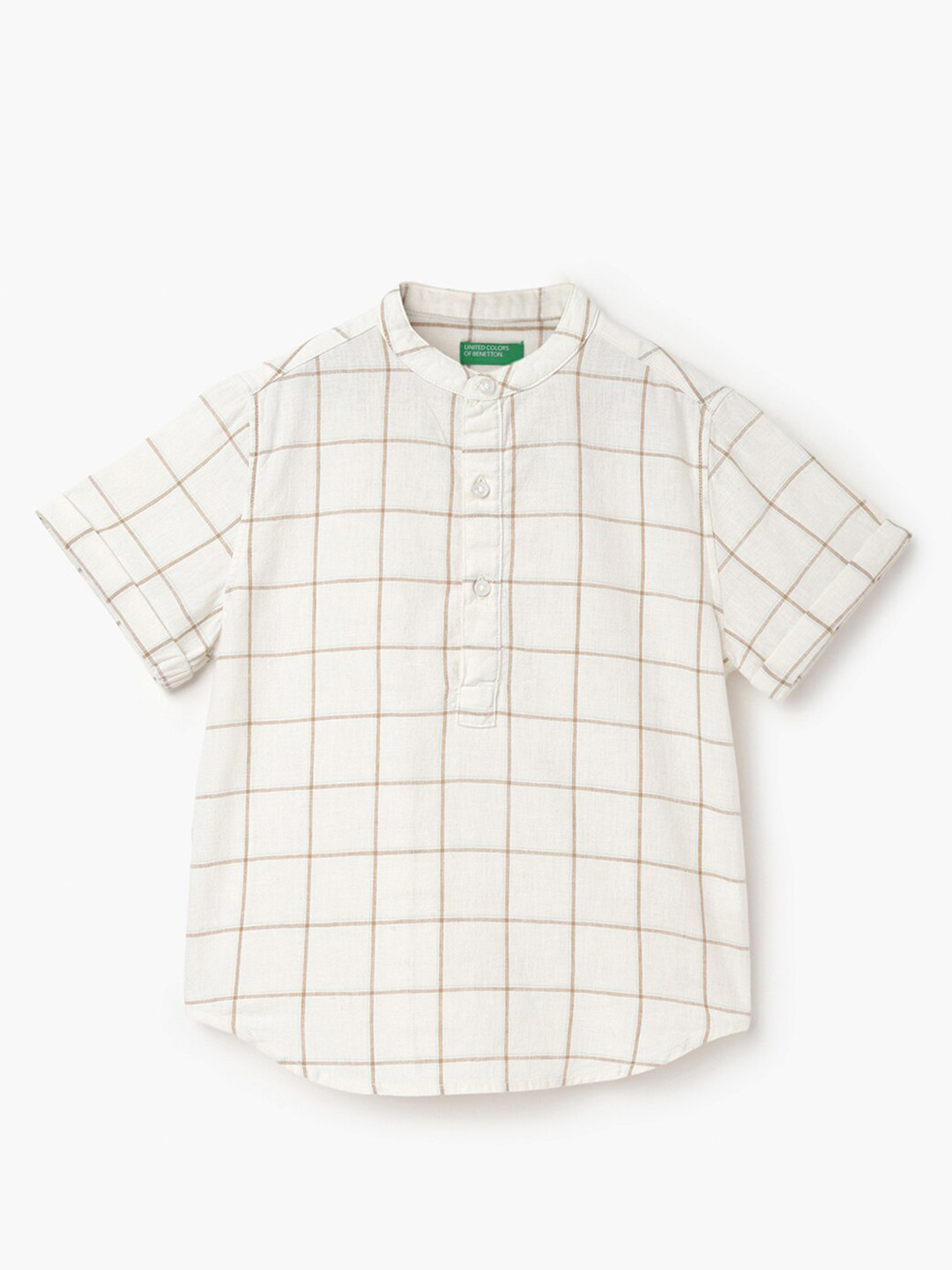 United Colors of Benetton Boys Windowpane Checks Mandarin Collar Opaque Casual Shirt