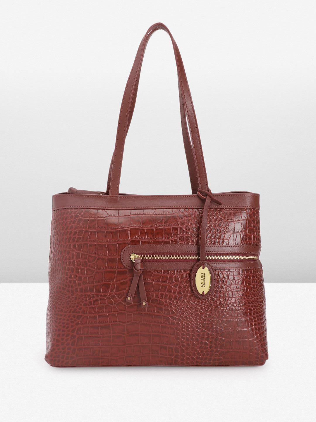 Hidesign Crocodile Textured Leather Structured Shoulder Bag with Tasselled Detail